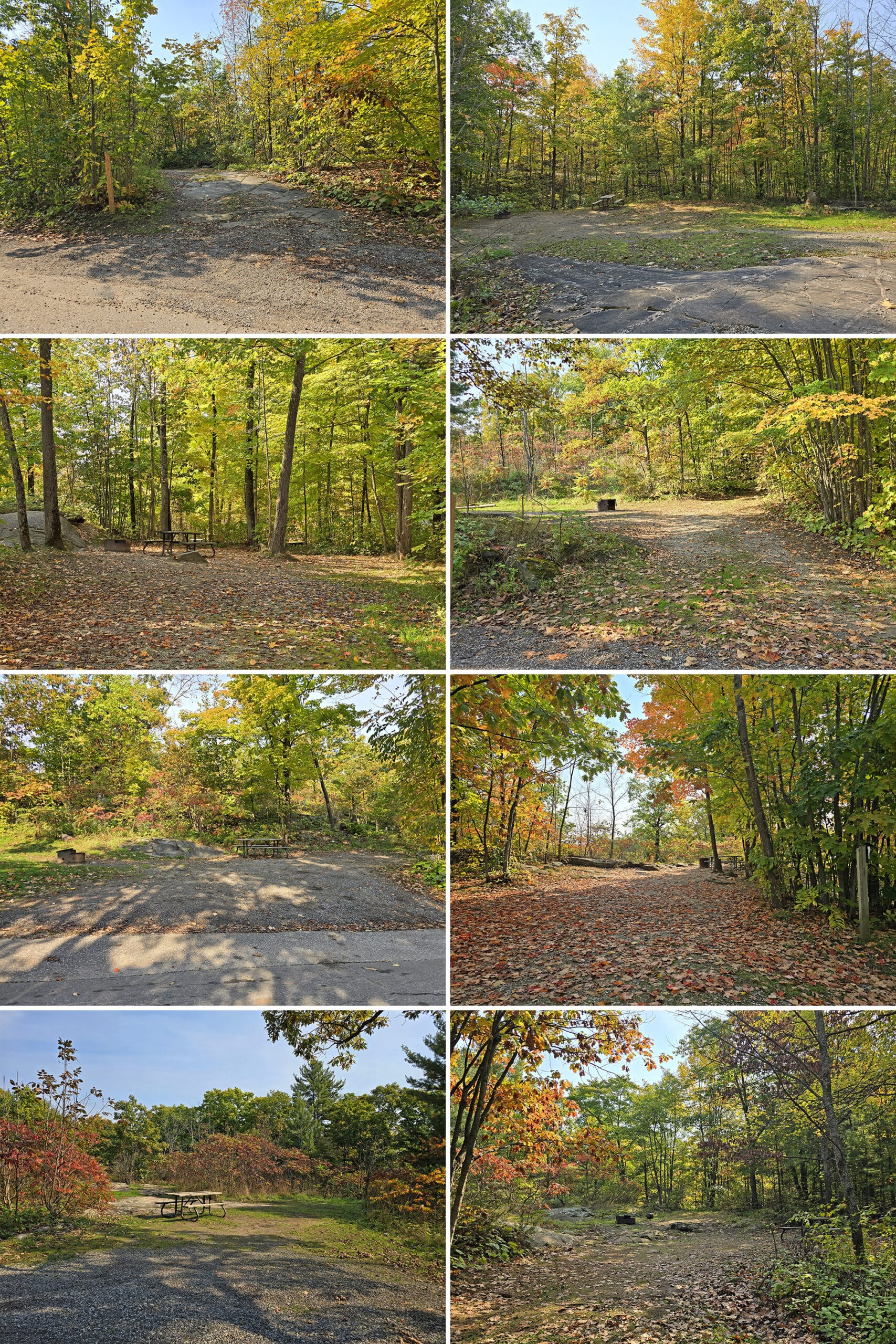 8 part image showing various campsites in the maple, oak, and poplar campgrounds.