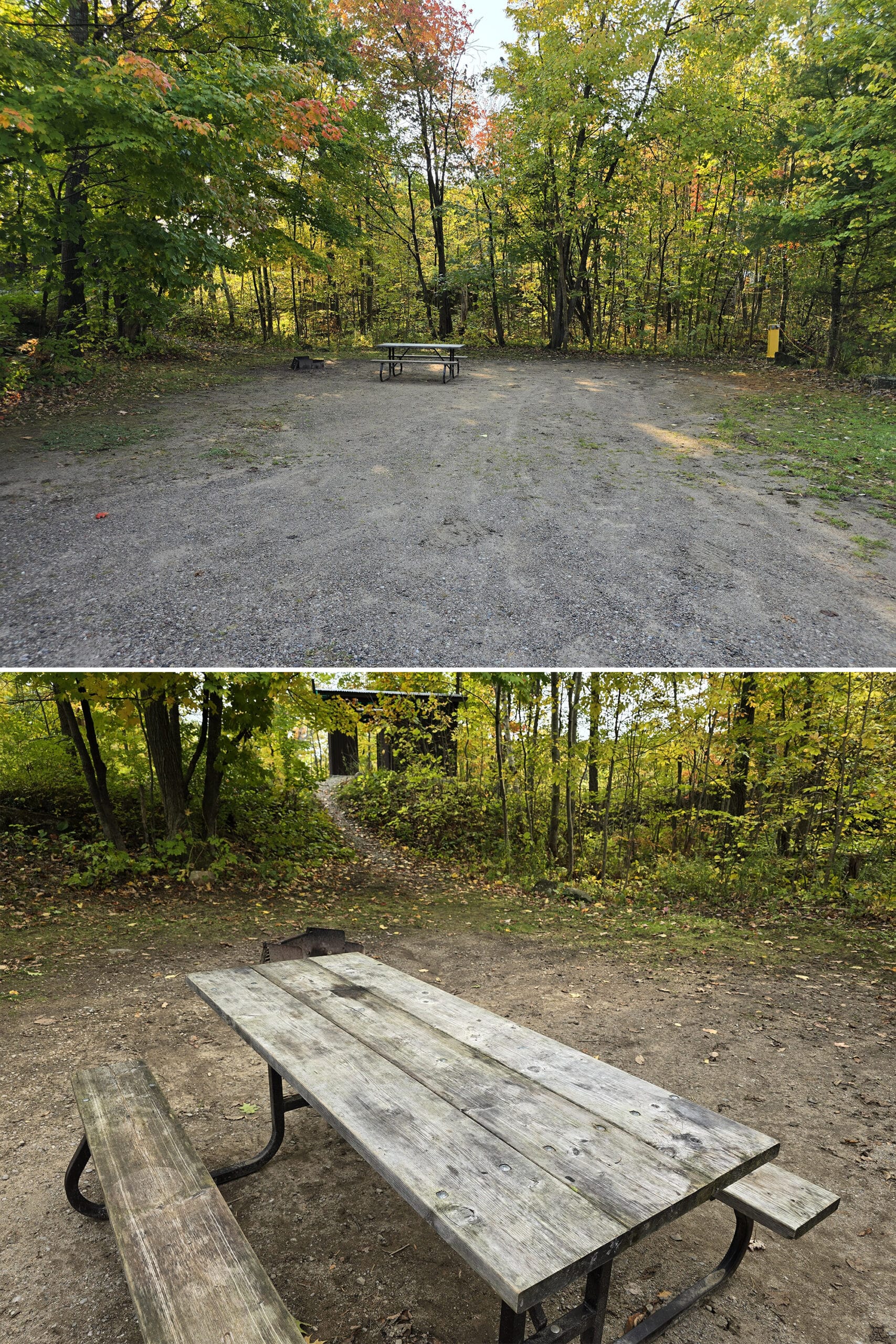 2 part image showing a large RV campsite in six mile lake provincial park.