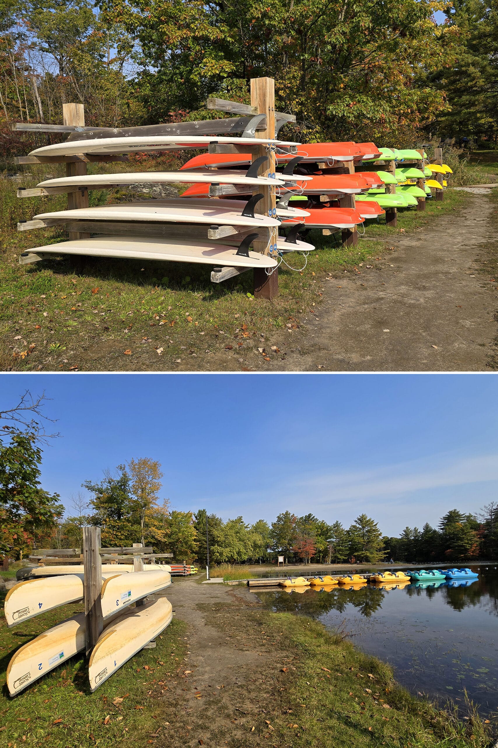 2 part image showing canoes, kayaks, stand up paddle boards, and pedal boats for rent at six mile lake provincial park.