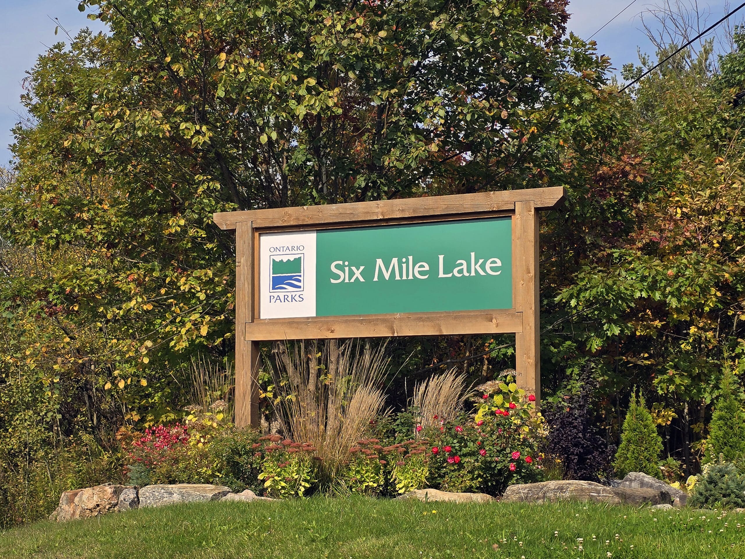 The six mile lake provincial park road sign.