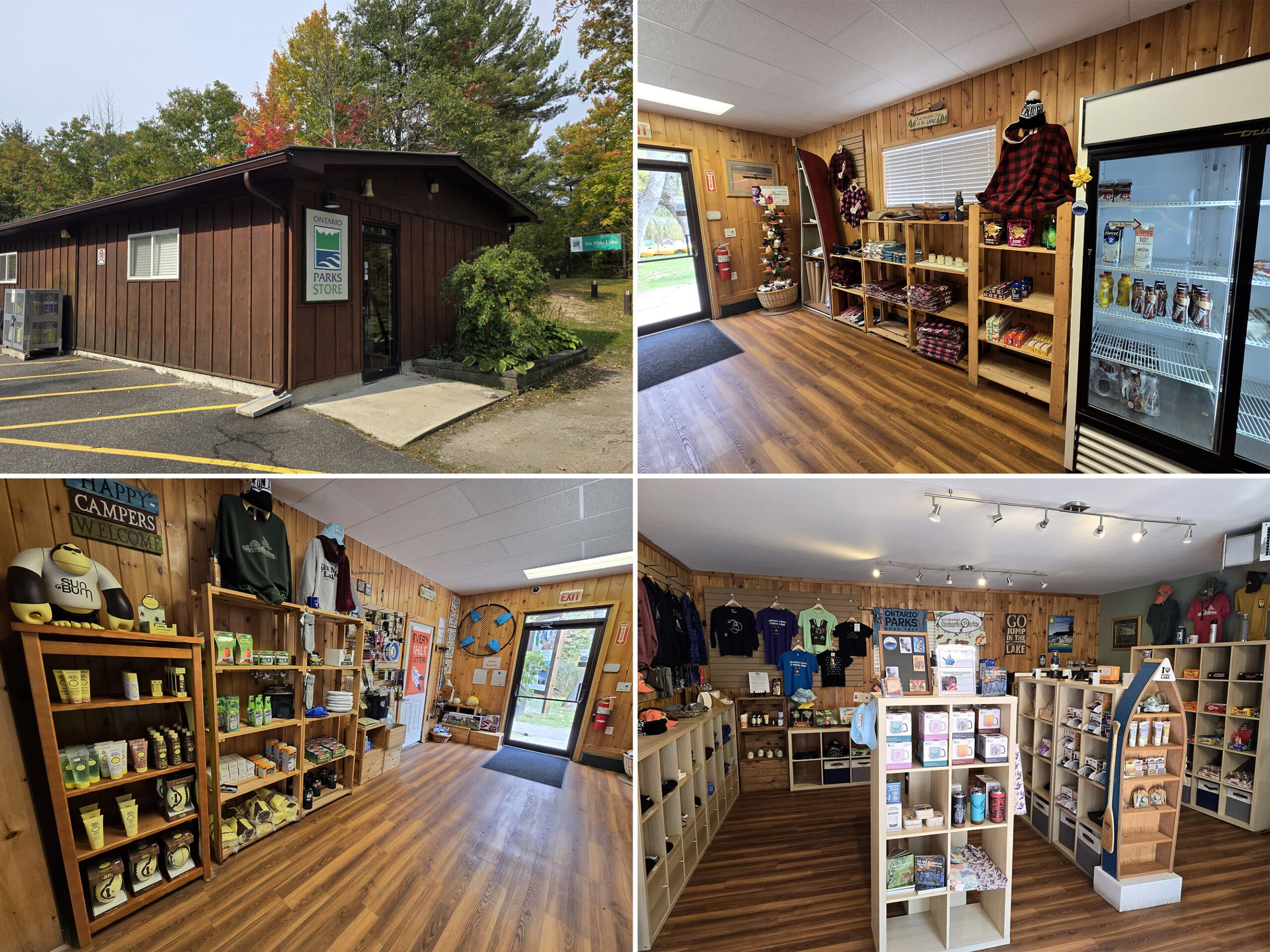 4 part image showing interior and exterior views of the six mile lake provincial park campground store.