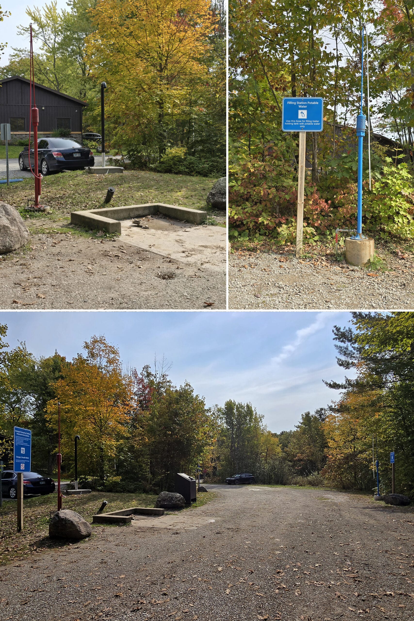 3 part image showing the dump and fill platforms at six mile lake park.