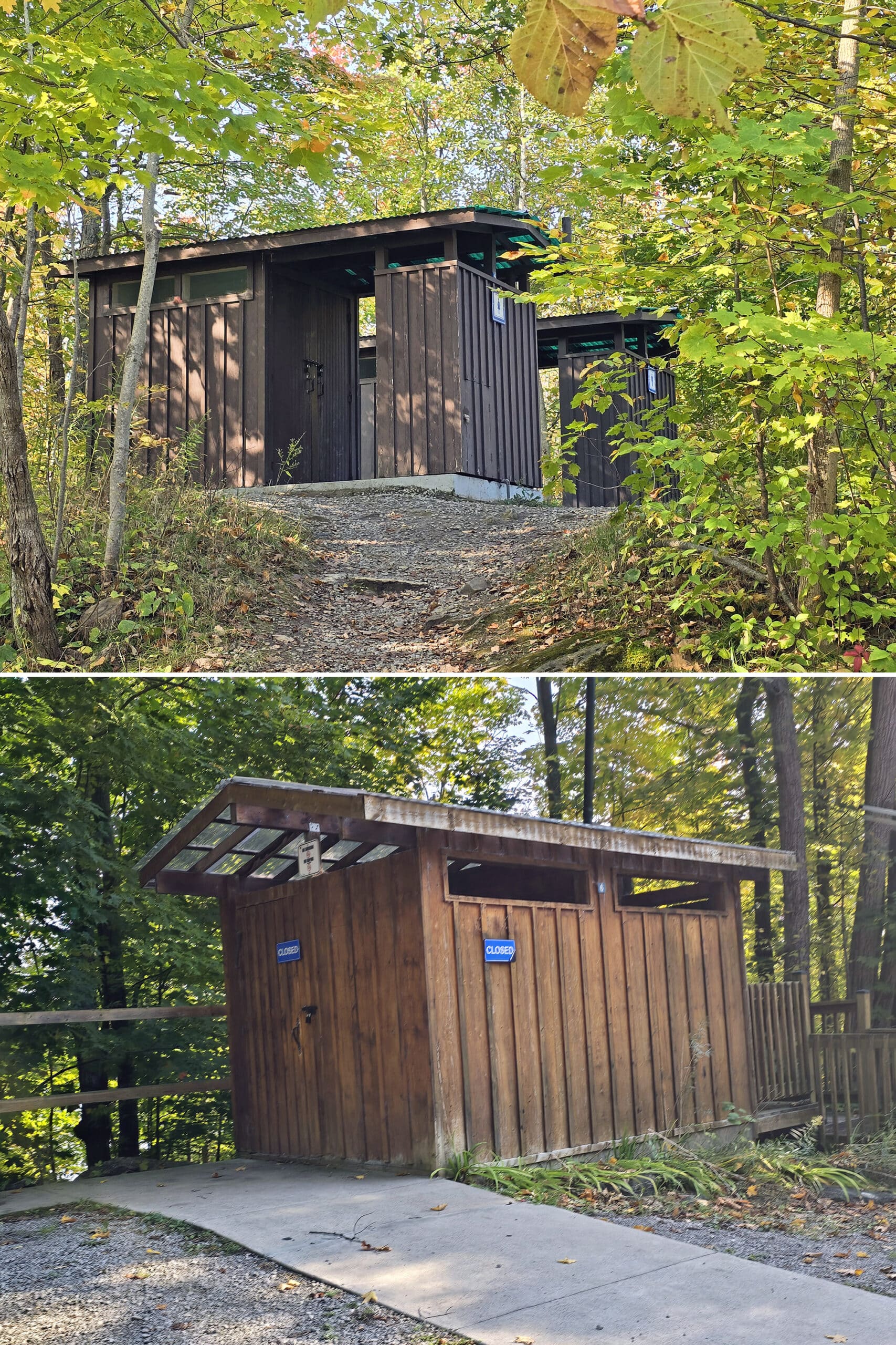 2 part image showing vault toilets at six mile provincial park.