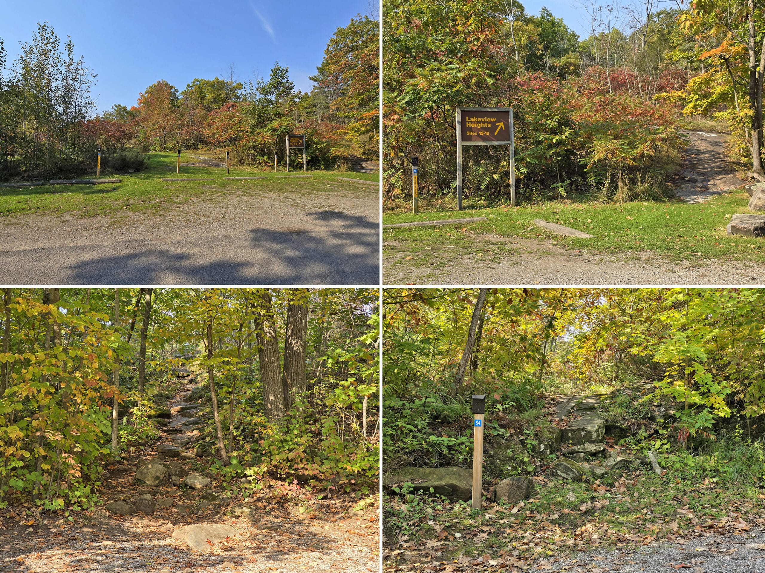 4 part image showing the parking and entrances for some of the walk in campsites at six mile lake pp.