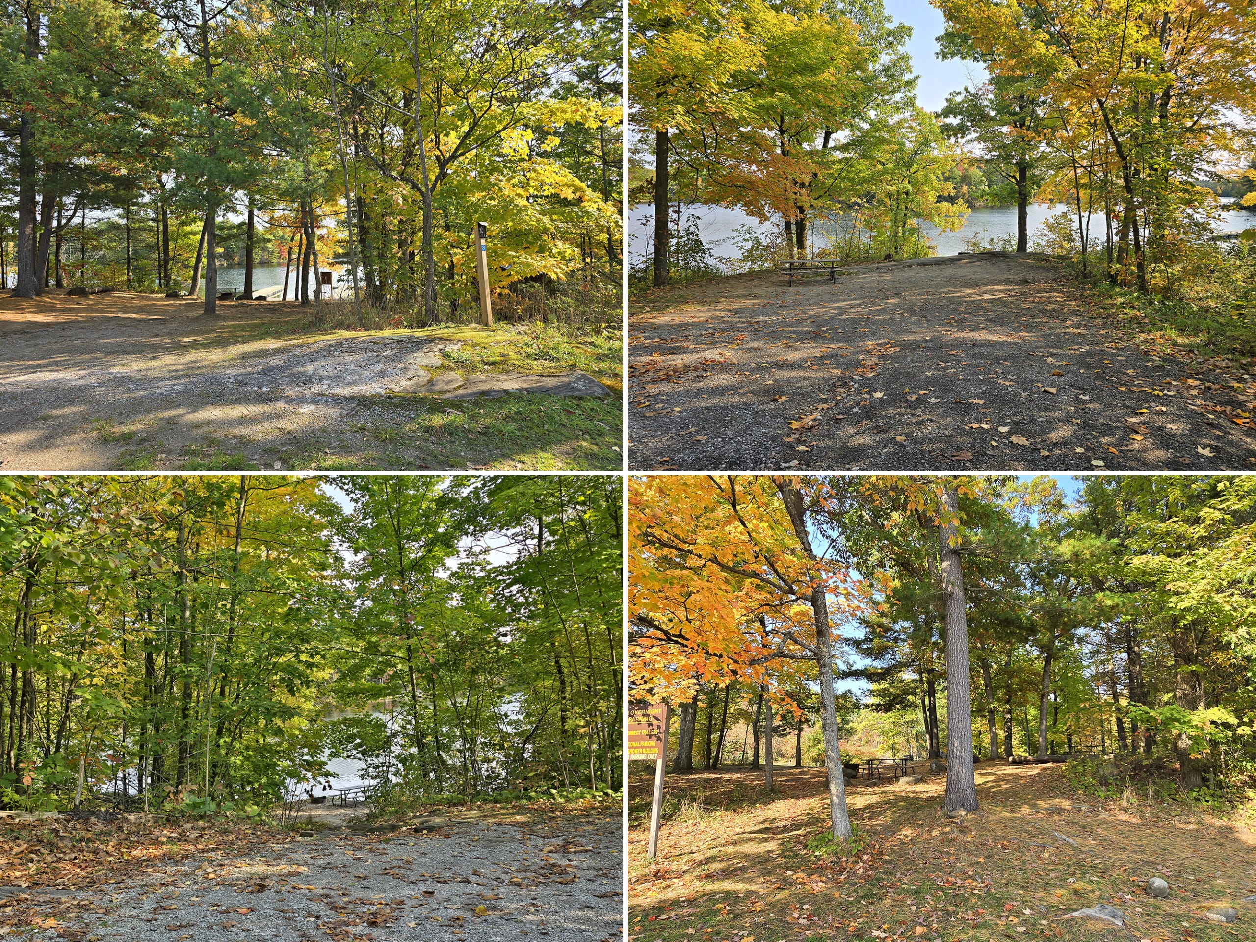 4 part image showing some of the waterfront sites at six mile lake provincial park.