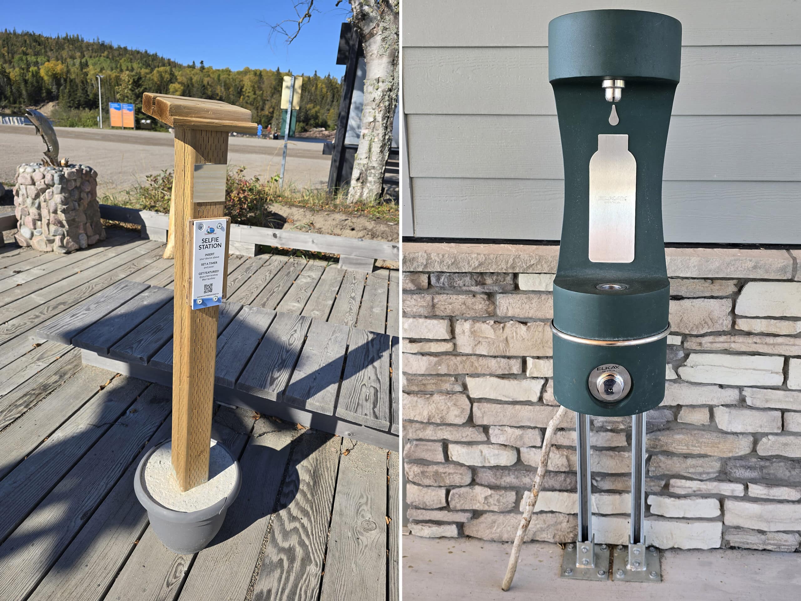 2 part image showing a selfie station and a water bottle fill station.