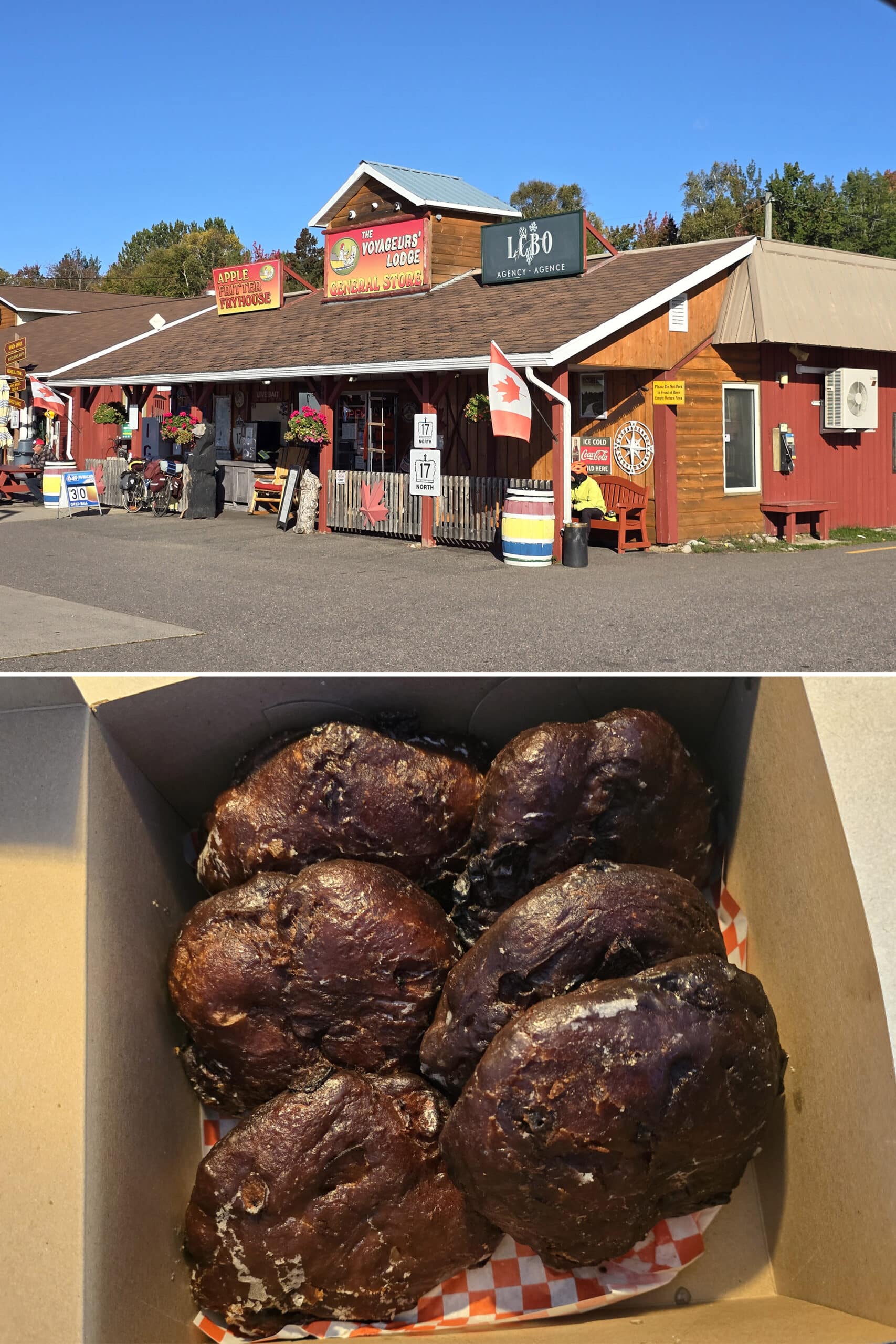 2 part image showing voyageurs lodge and a box of apple fritters.