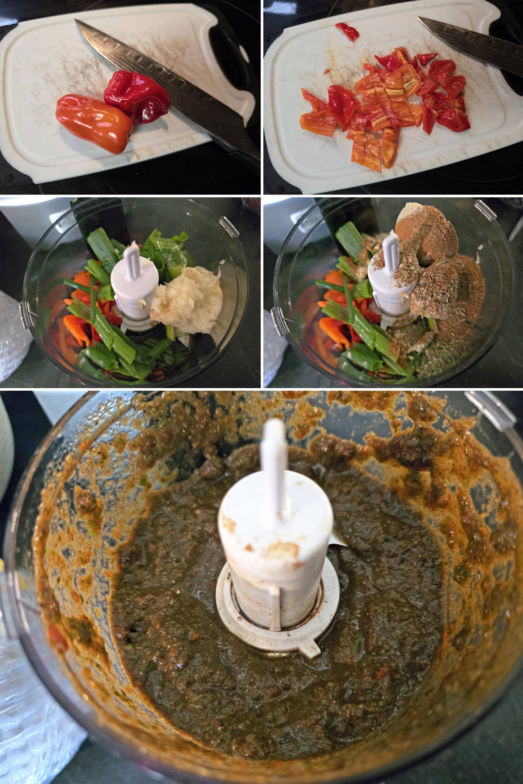 5 part image showing scotch bonnet peppers being chopped then blended with the remaining seasoning ingredients in a mini food processor.