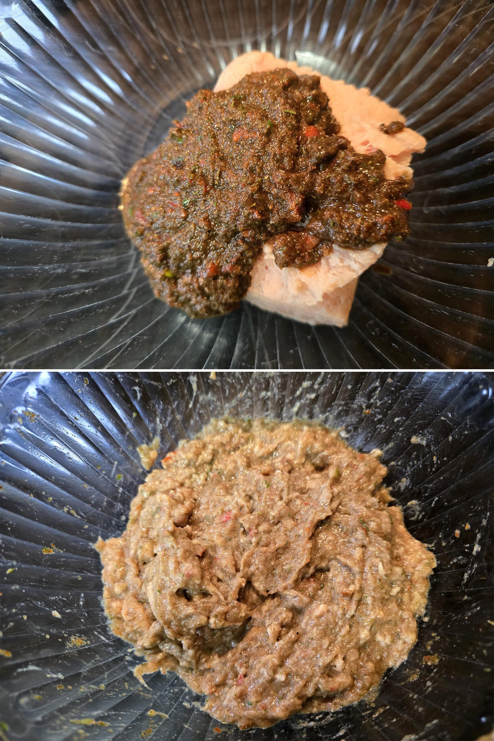 2 part image showing the jerky seasoning paste being mixed into a bowl of ground chicken.