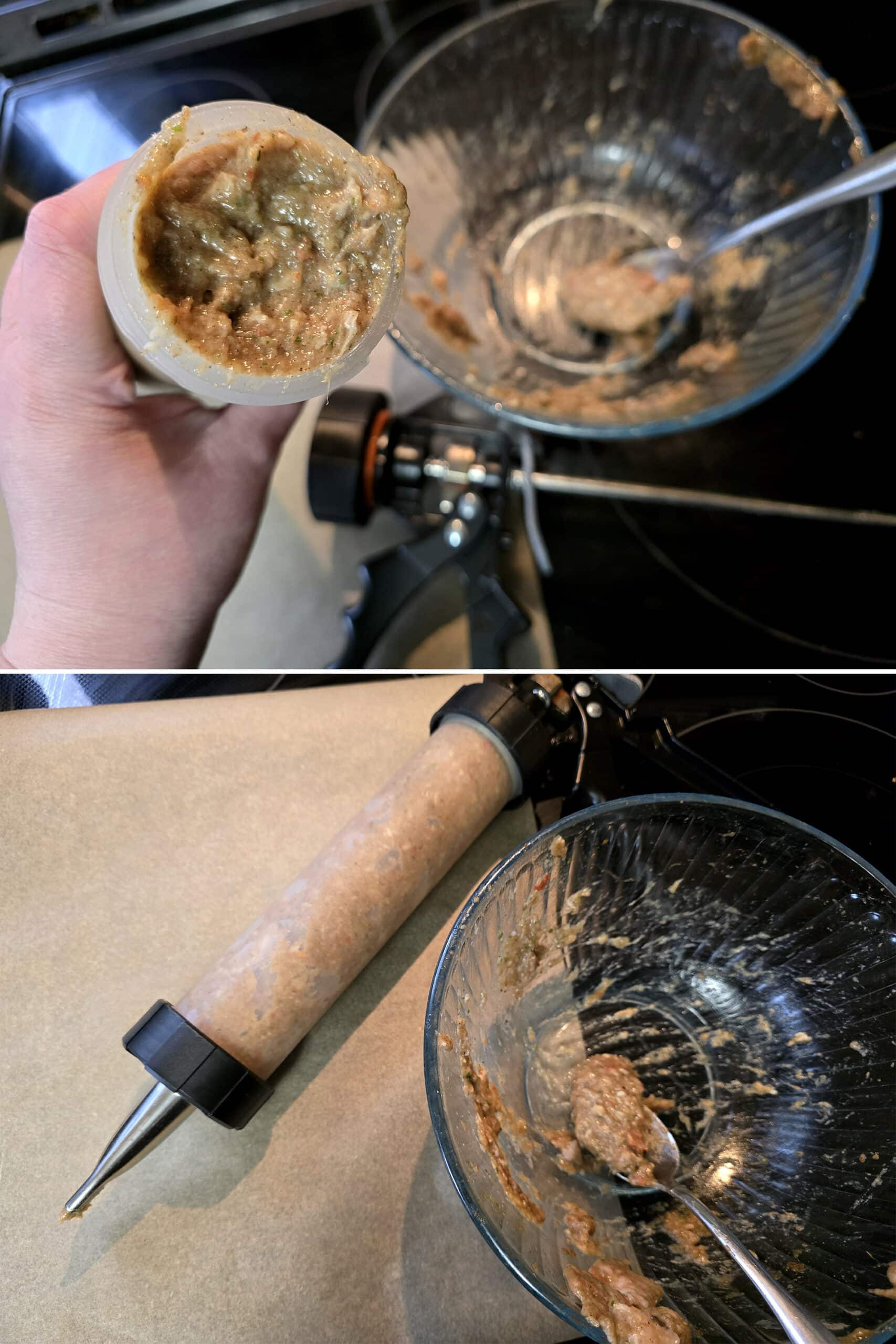 2 part image showing the seasoned ground chicken mixture being spooned into a jerky gun.