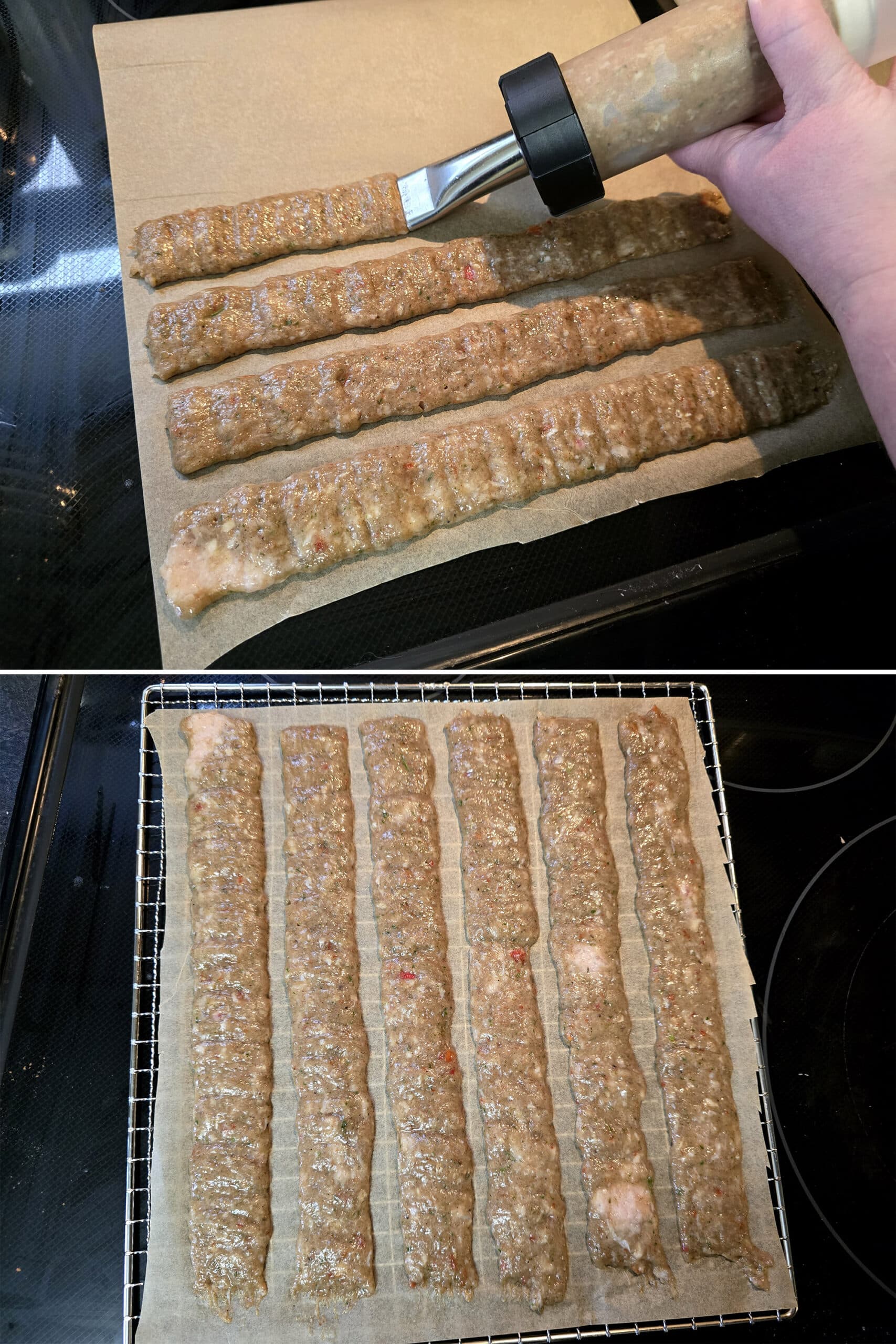 2 part image showing the seasoned ground chicken mixture being piped out onto parchment paper.