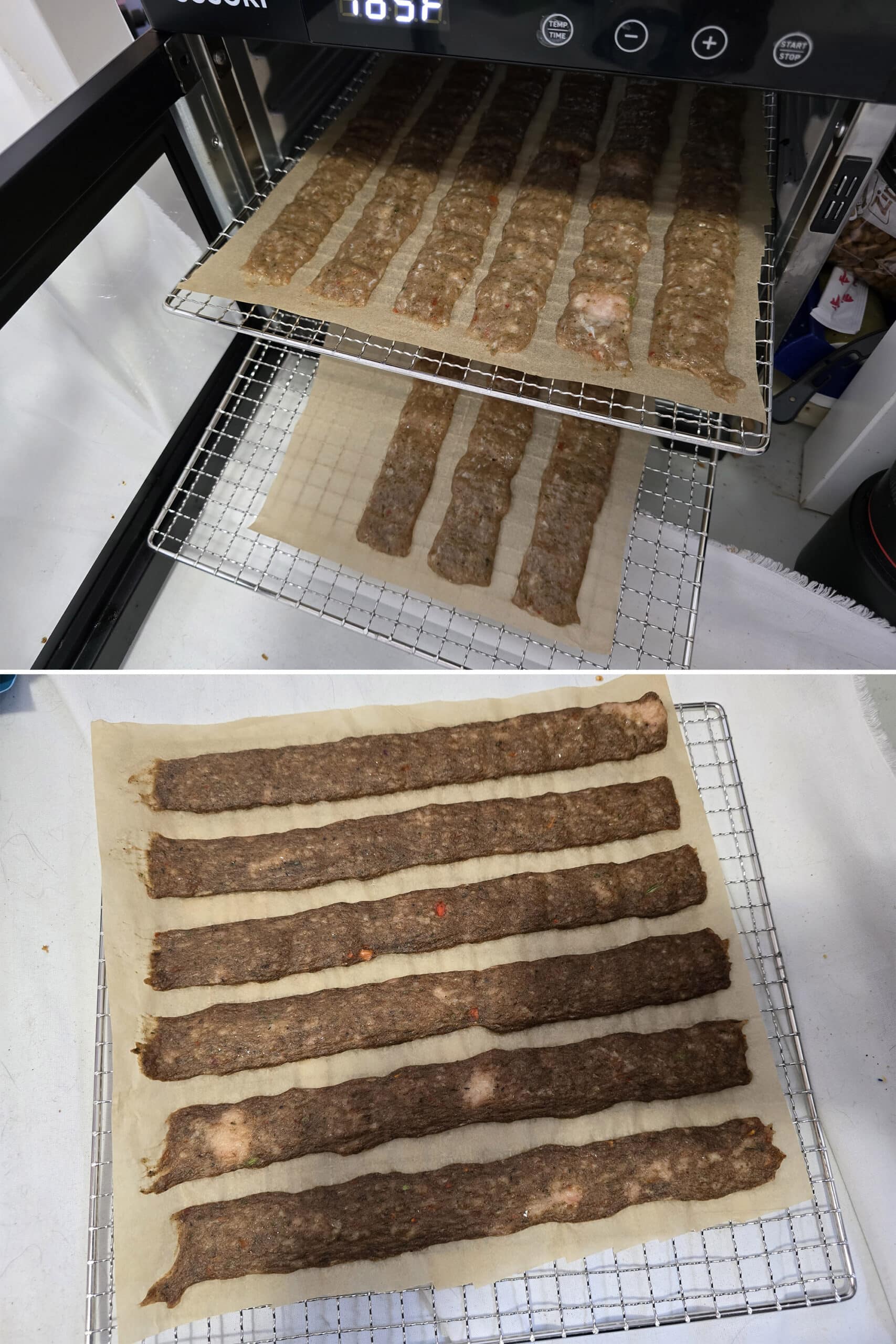 2 part image showing the trays of homemade jerk chicken jerky before and after the first round in the food dehydrator.