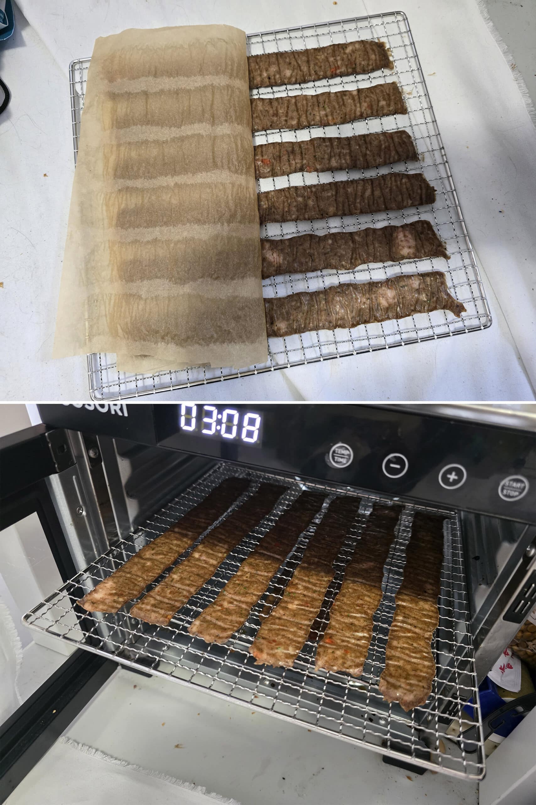 2 part image showing the jerk chicken jerky being removed from parchment and placed back on the racks.