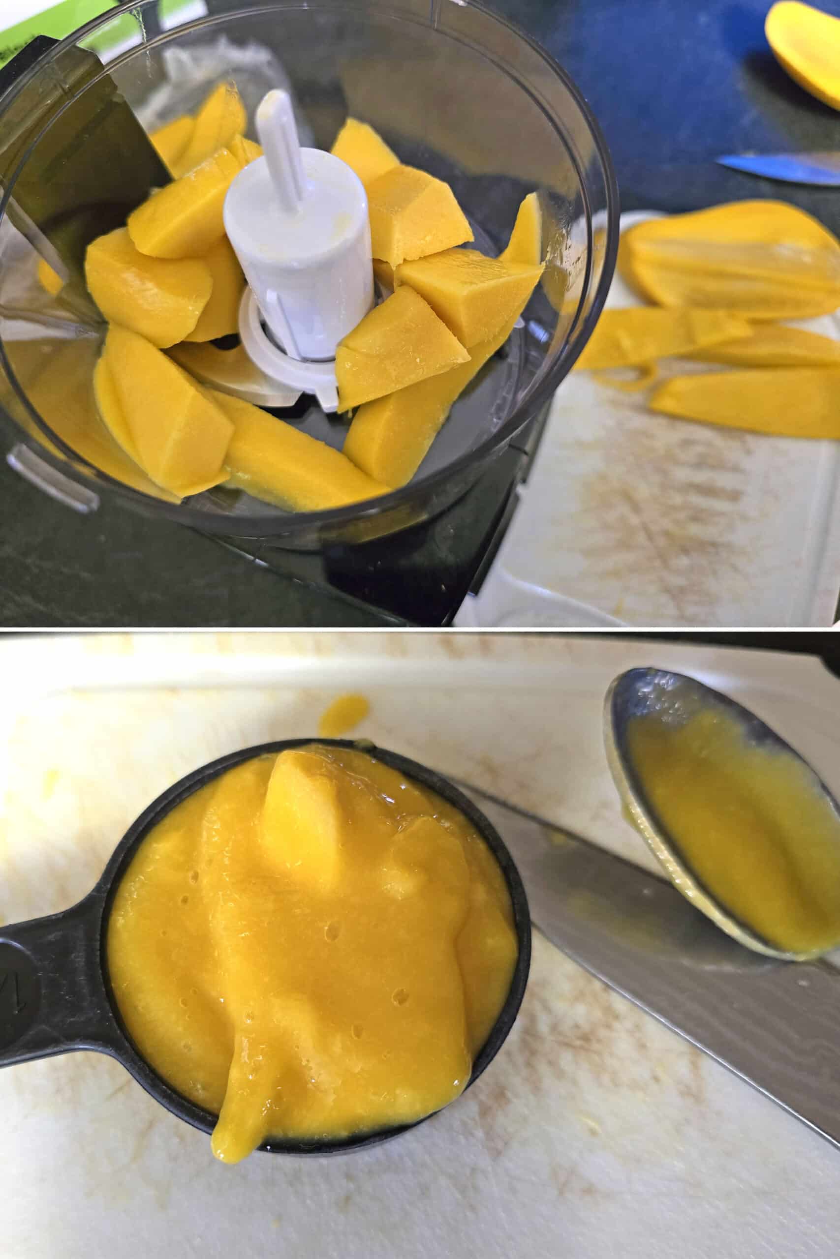 2 part image showing chopped mangoes being pureed in a mini food processor.