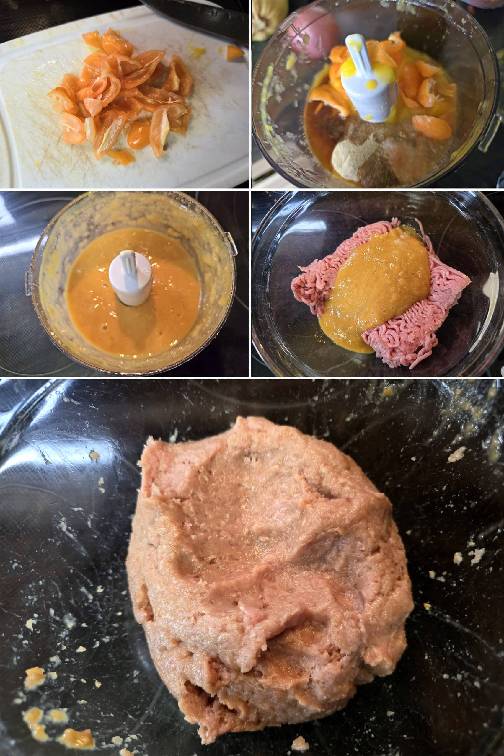 5 part image showing chopped habanero peppers being blended with the other ingredients and mixed into the ground chicken.