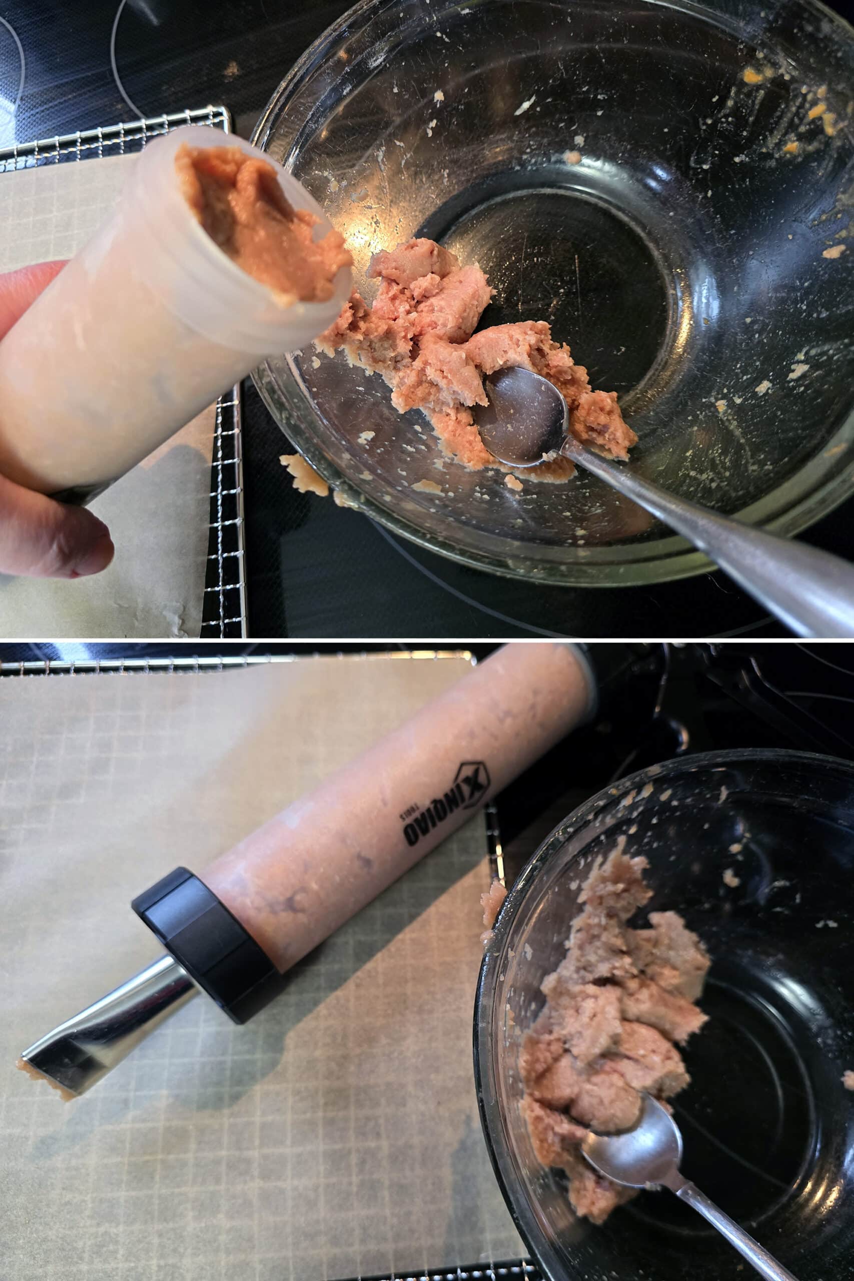 2 part image showing the mango habanero chicken mixture being spooned into a jerky gun.