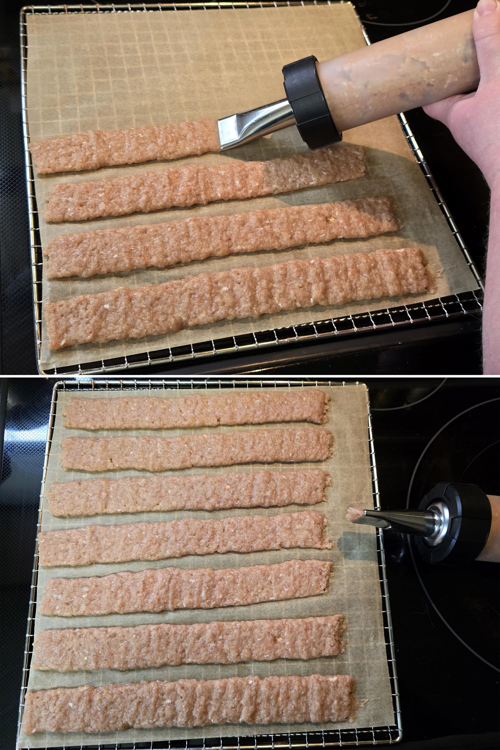 2 part image showing the mango habanero chicken mixture being piped into strips of jerky.