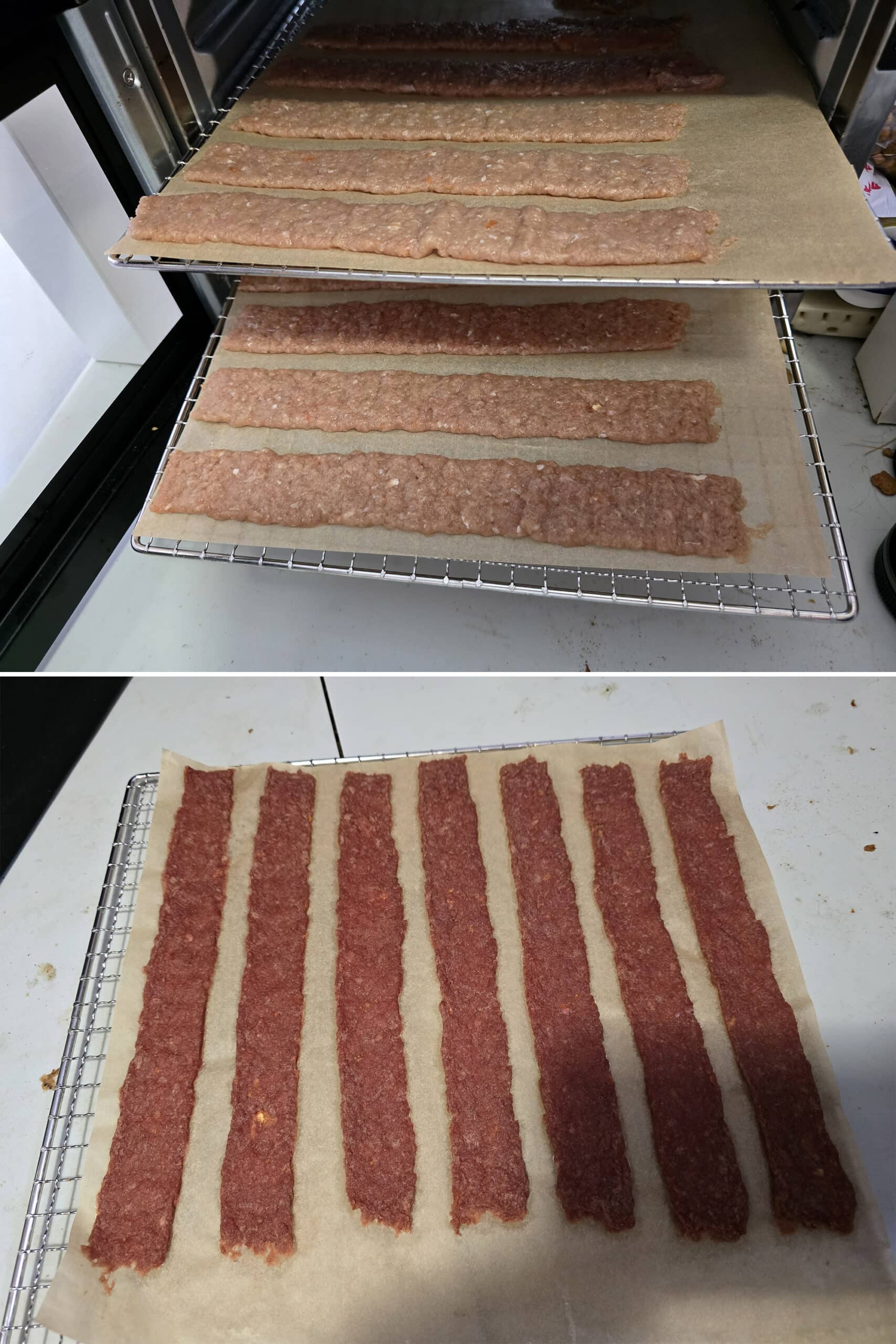 2 part image showing 2 racks of homemade chicken jerky before and after the first round of dehydrating.