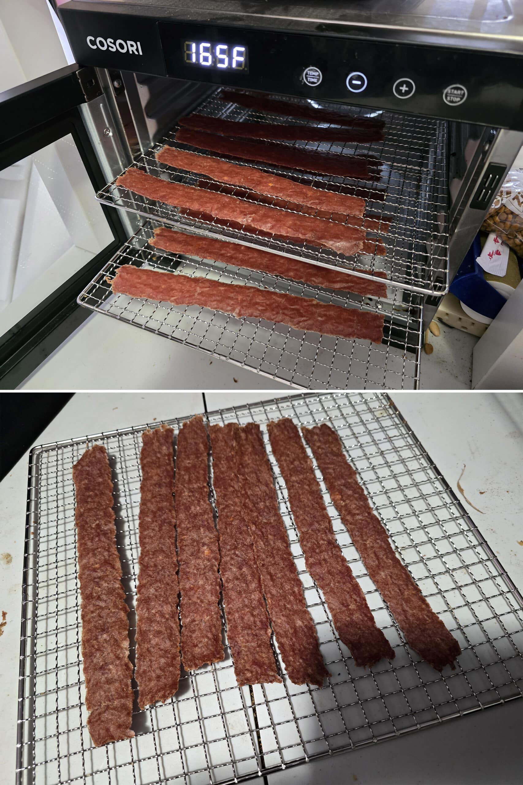 2 part image showing the homemade chicken jerky in the food processor, and the finished batch on a cooling rack.