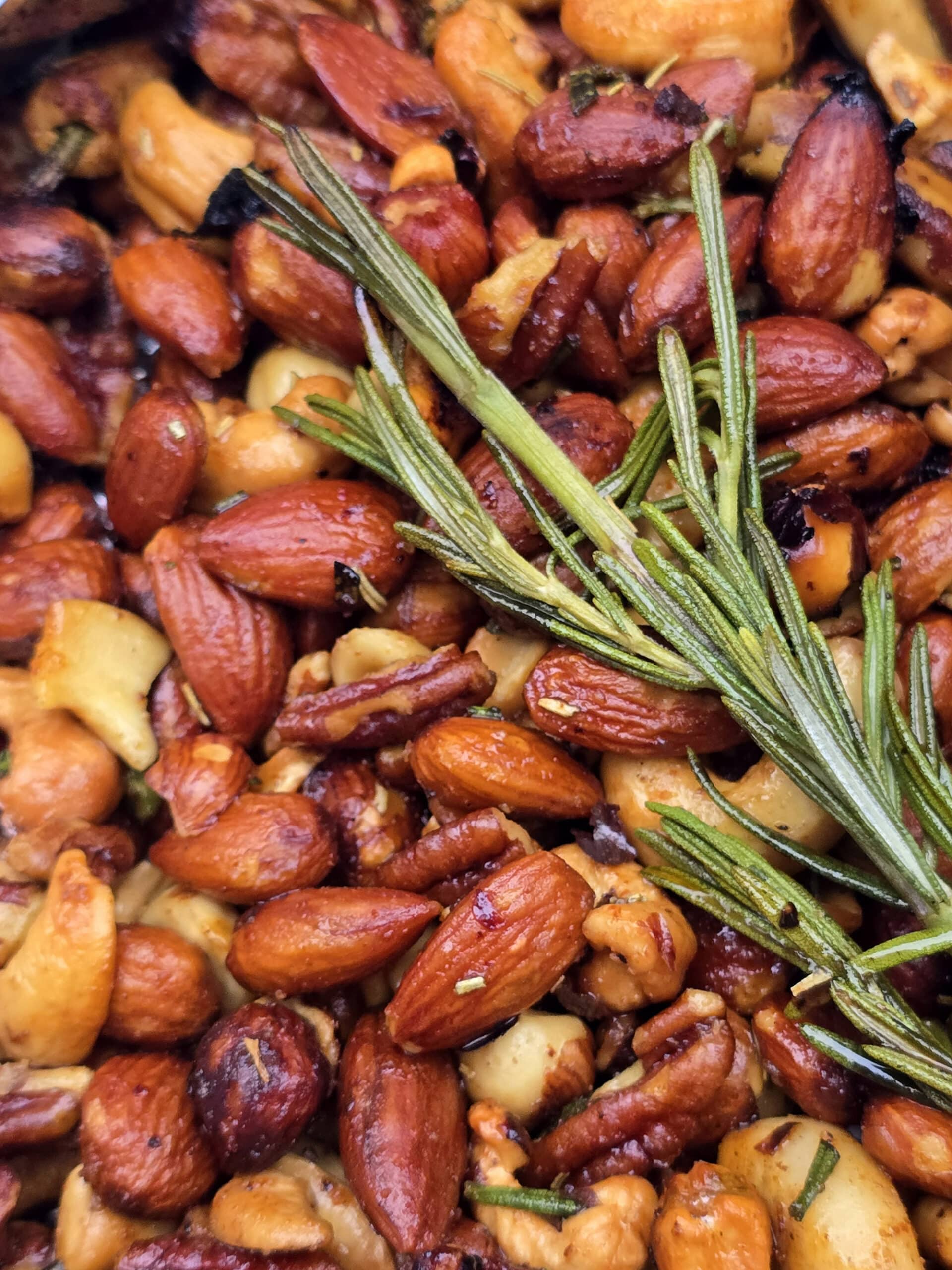 A close up photo of roasted spiced nuts.