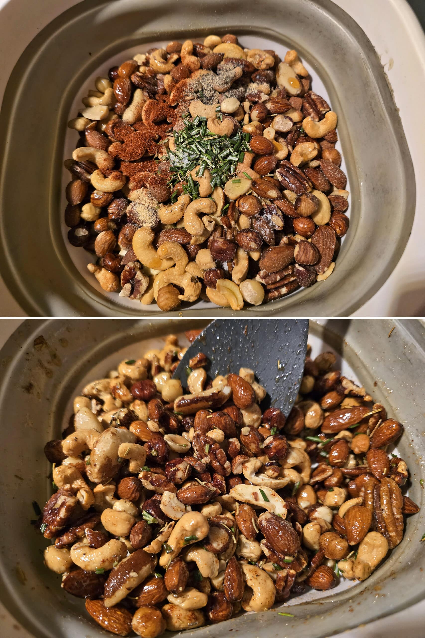 2 part image showing the maple syrup, butter, spices and herbs being mixed into a bowl of deluxe mixed nuts.