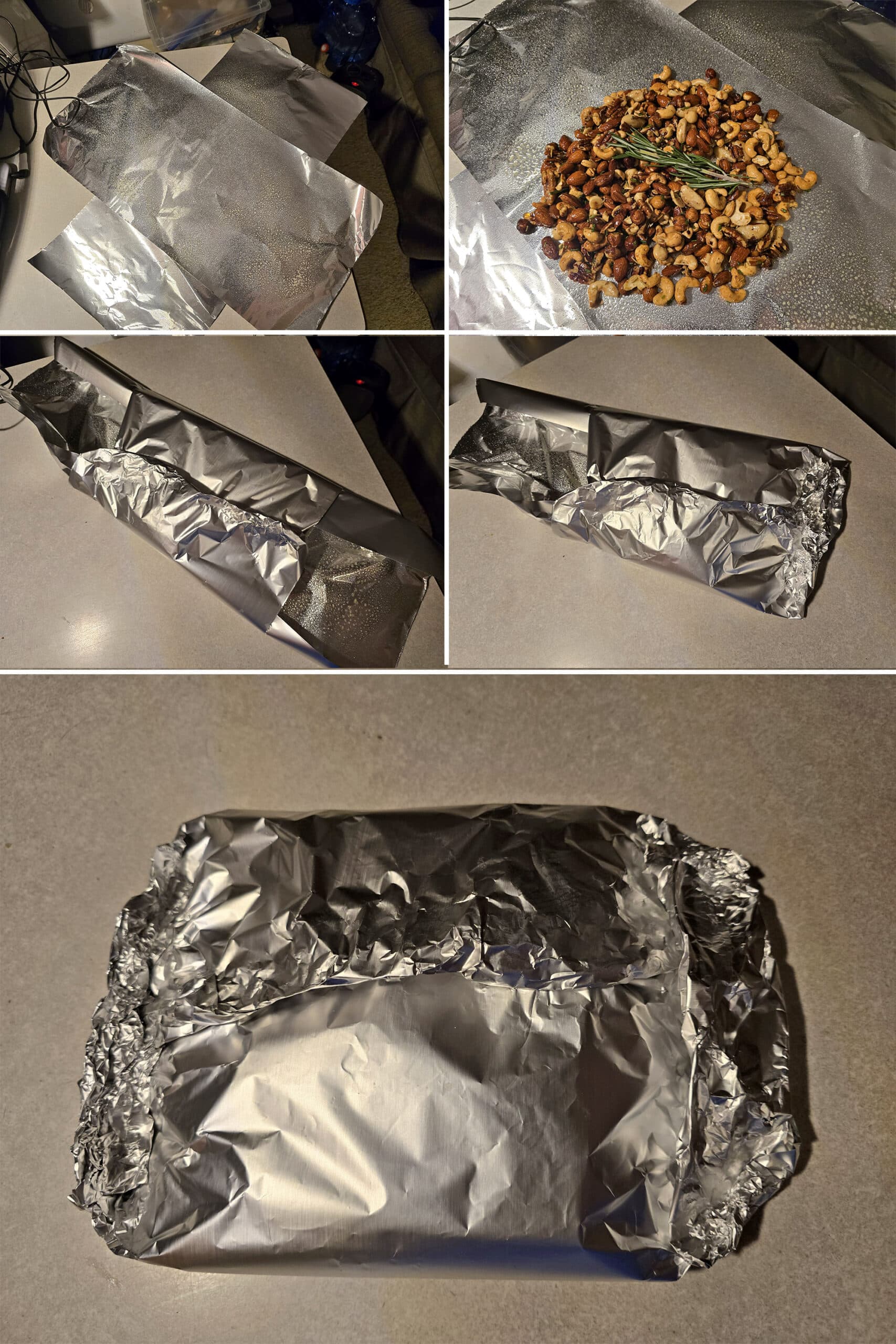 5 part image showing an X of foil being wrapped around the spiced nuts and rosemary sprig.