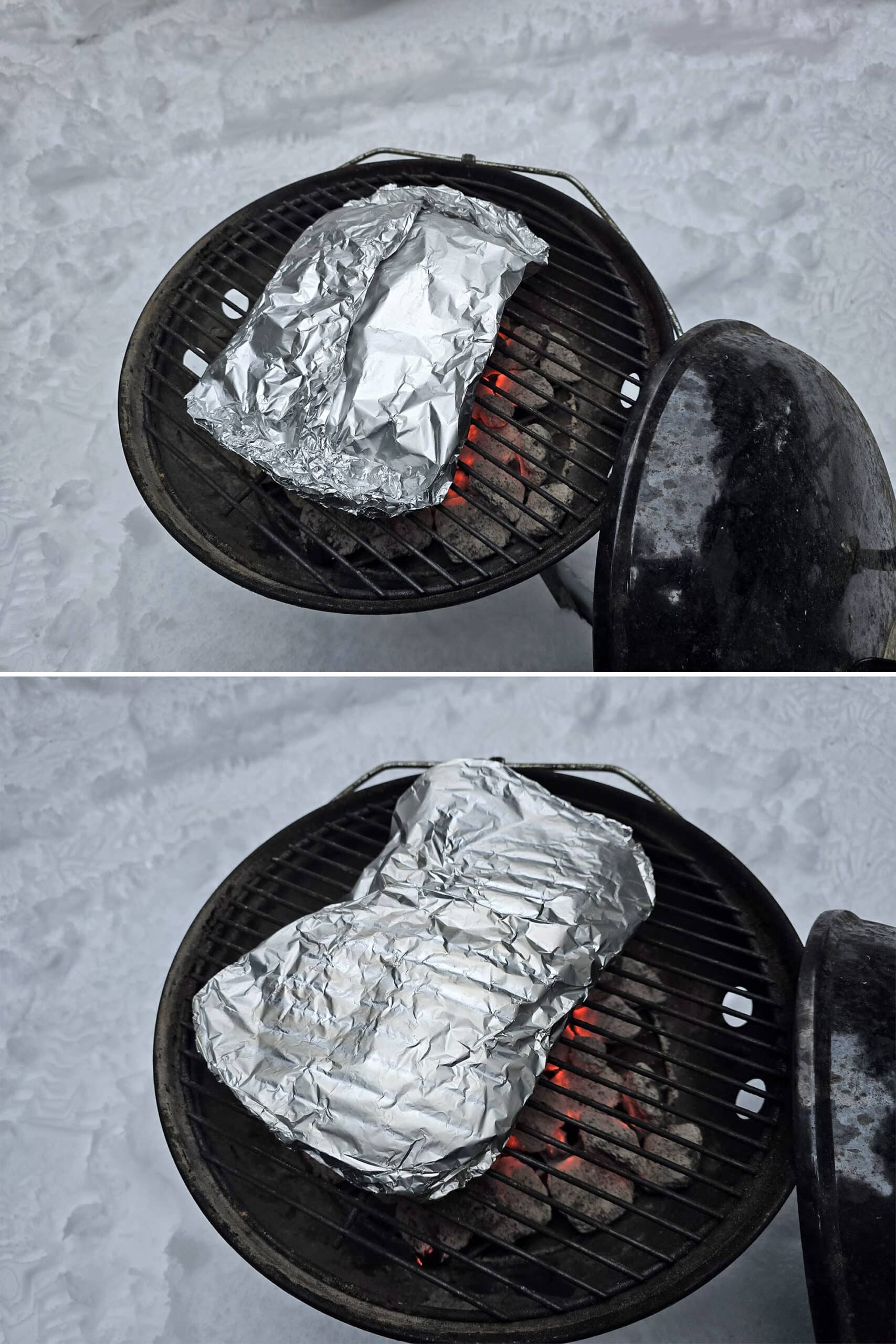 2 part image showing a foil packet of spiced nuts cooking on both sides over a campfire.