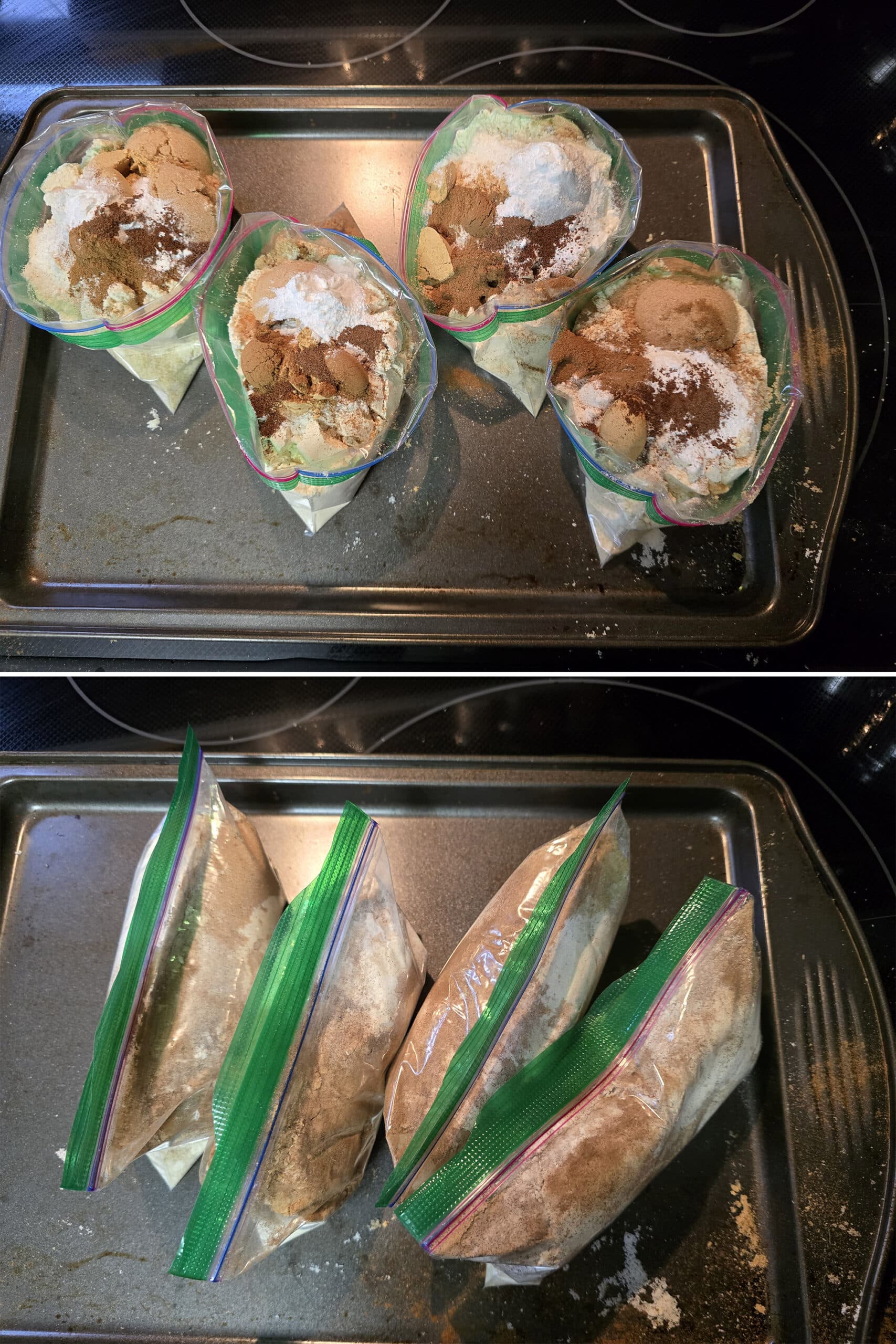 2 part image showing 4 bags of homemade gingerbread pancake mix being made in snack baggies.