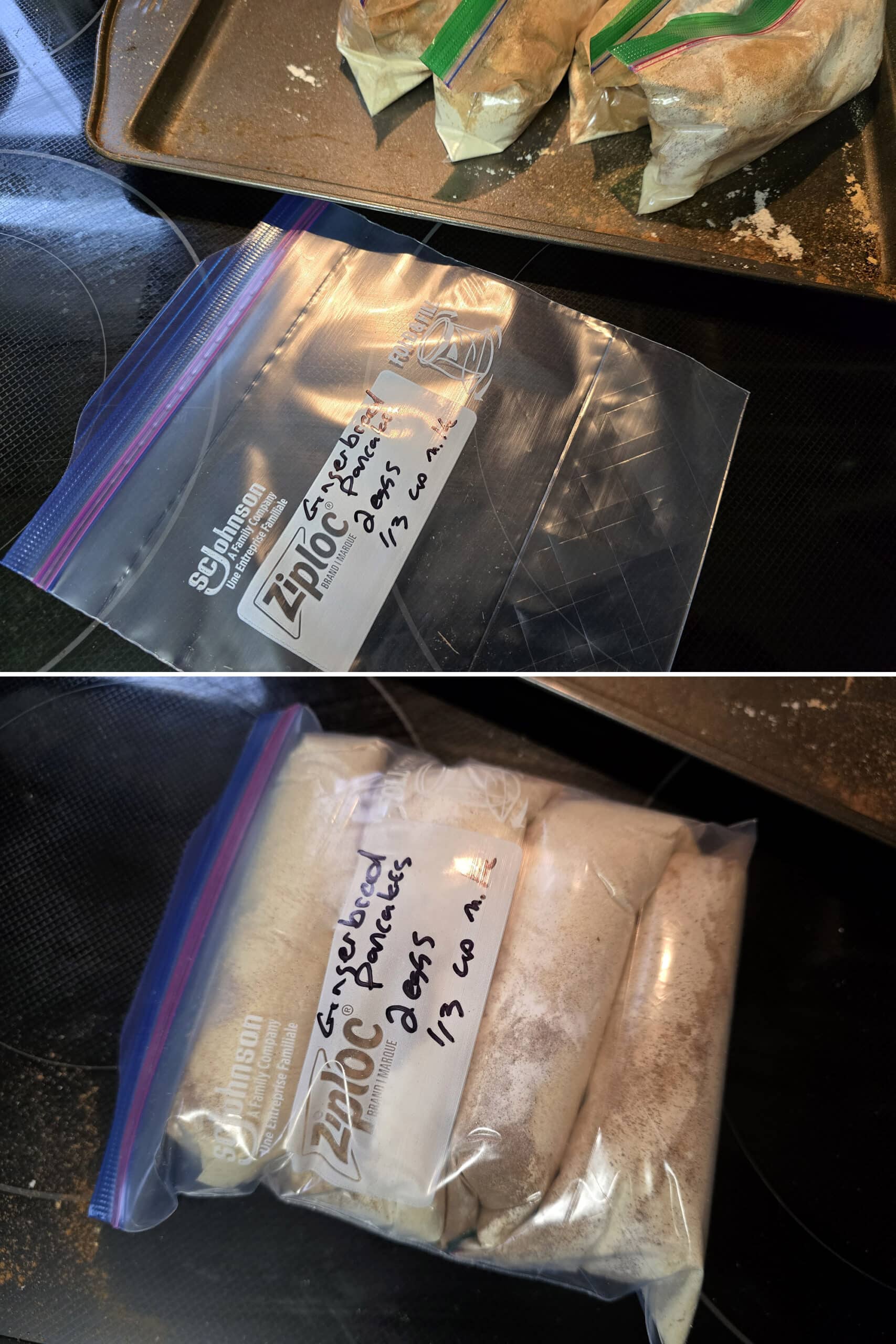 2 part image showing a labeled baggie being filled with several homemade gingerbread pancake mixes.