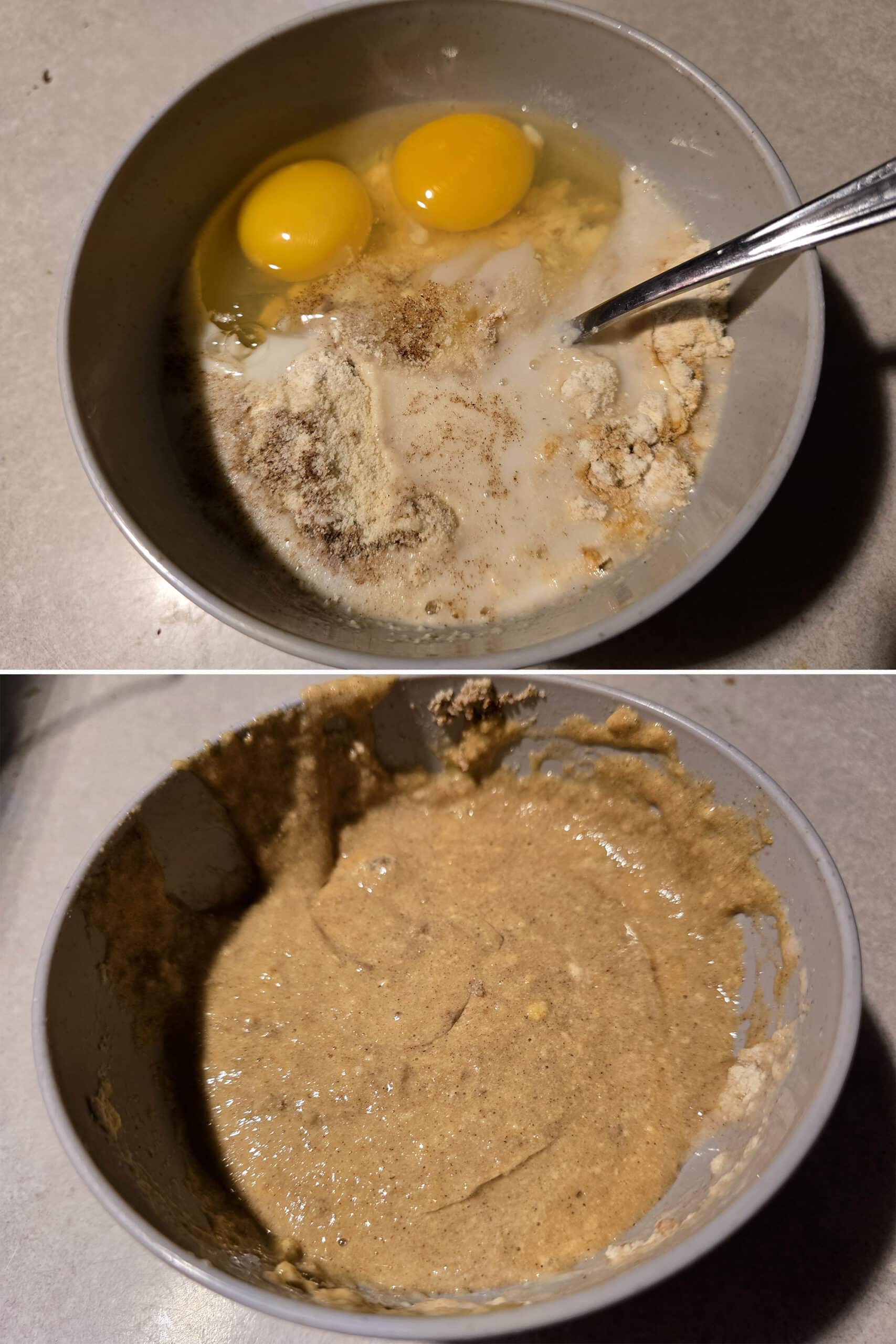 2 part image showing eggs and milk being mixed into the homemade gingerbread pancake mix.