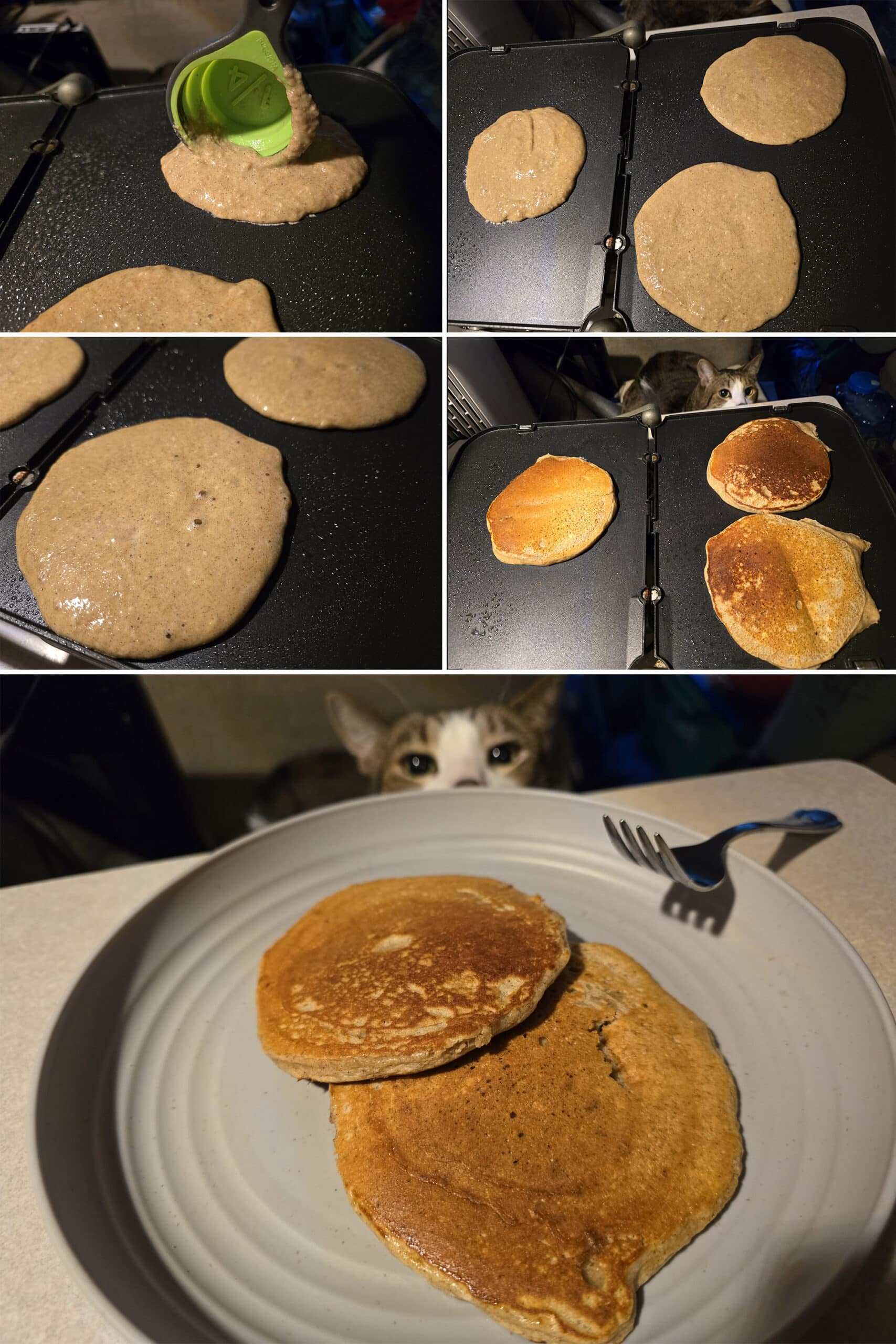 5 part image showing gingerbread protein pancake batter being scooped onto a griddle, cooked, and served.