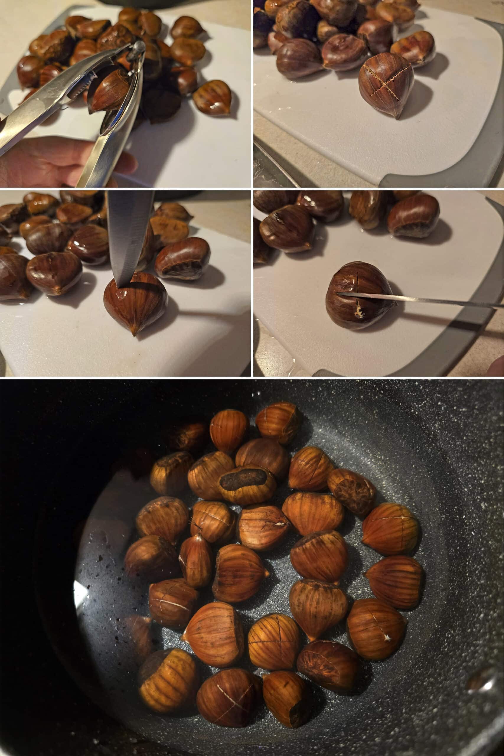 5 part image showing chestnuts being scored with both a chestnut knife and a paring knife, and added to a large pan.