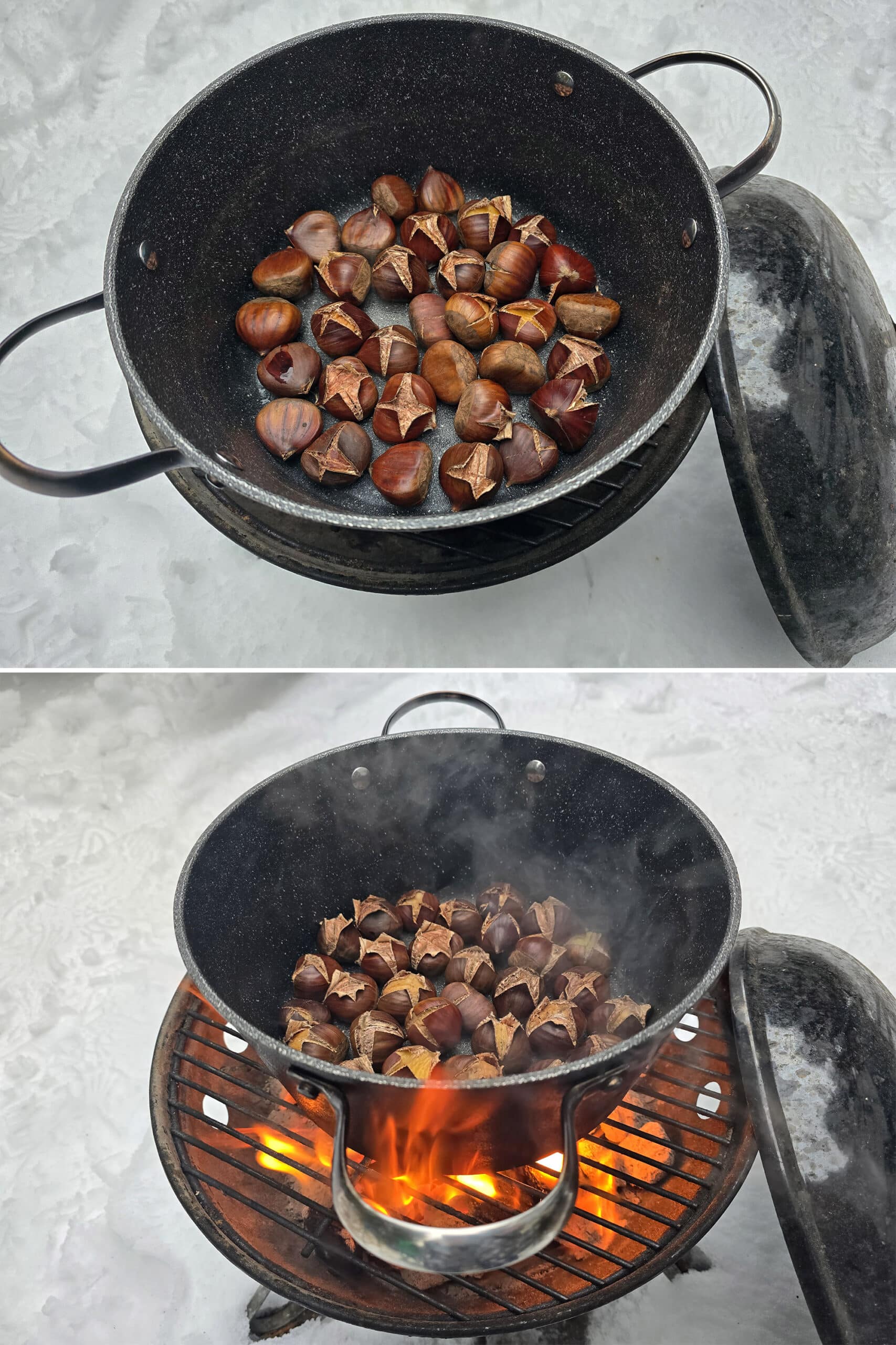 2 part image showing chestnuts roasting on an open fire.