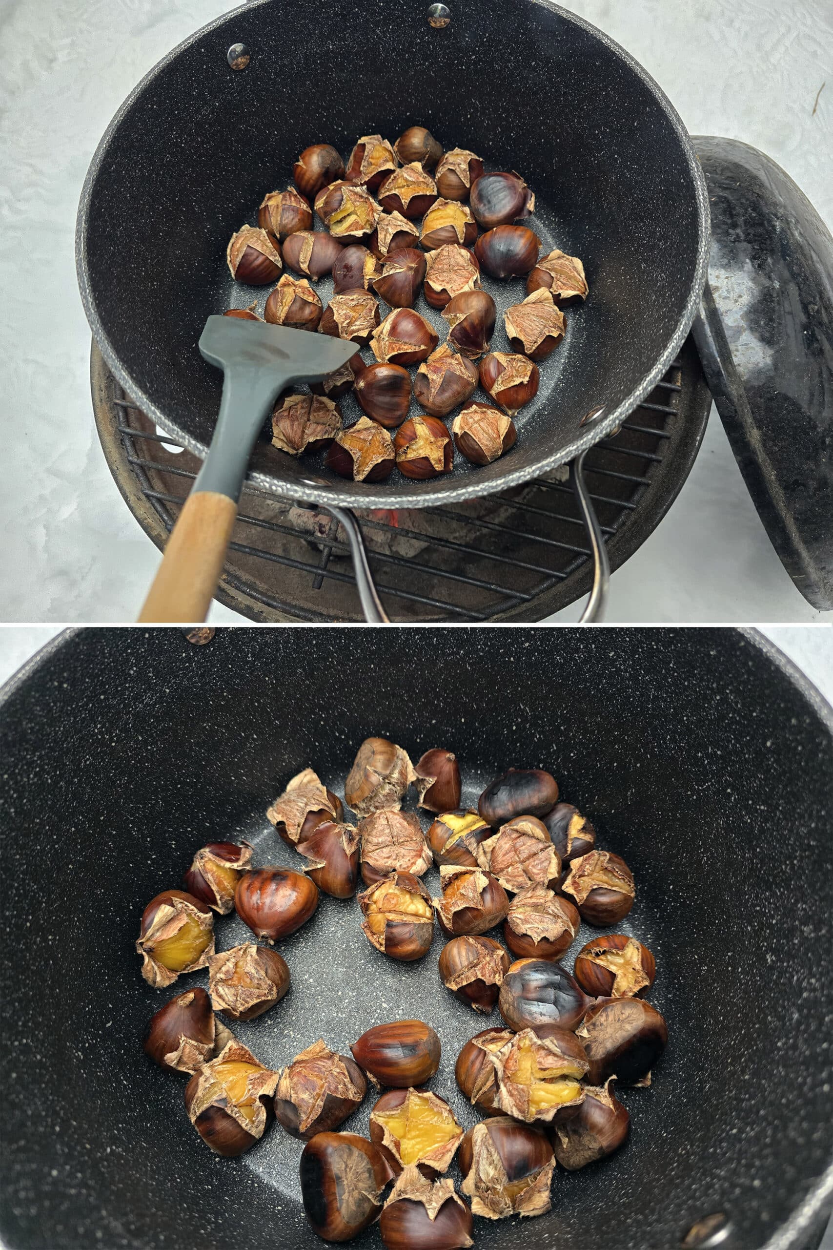 2 part image showing chestnuts roasting on an open fire.