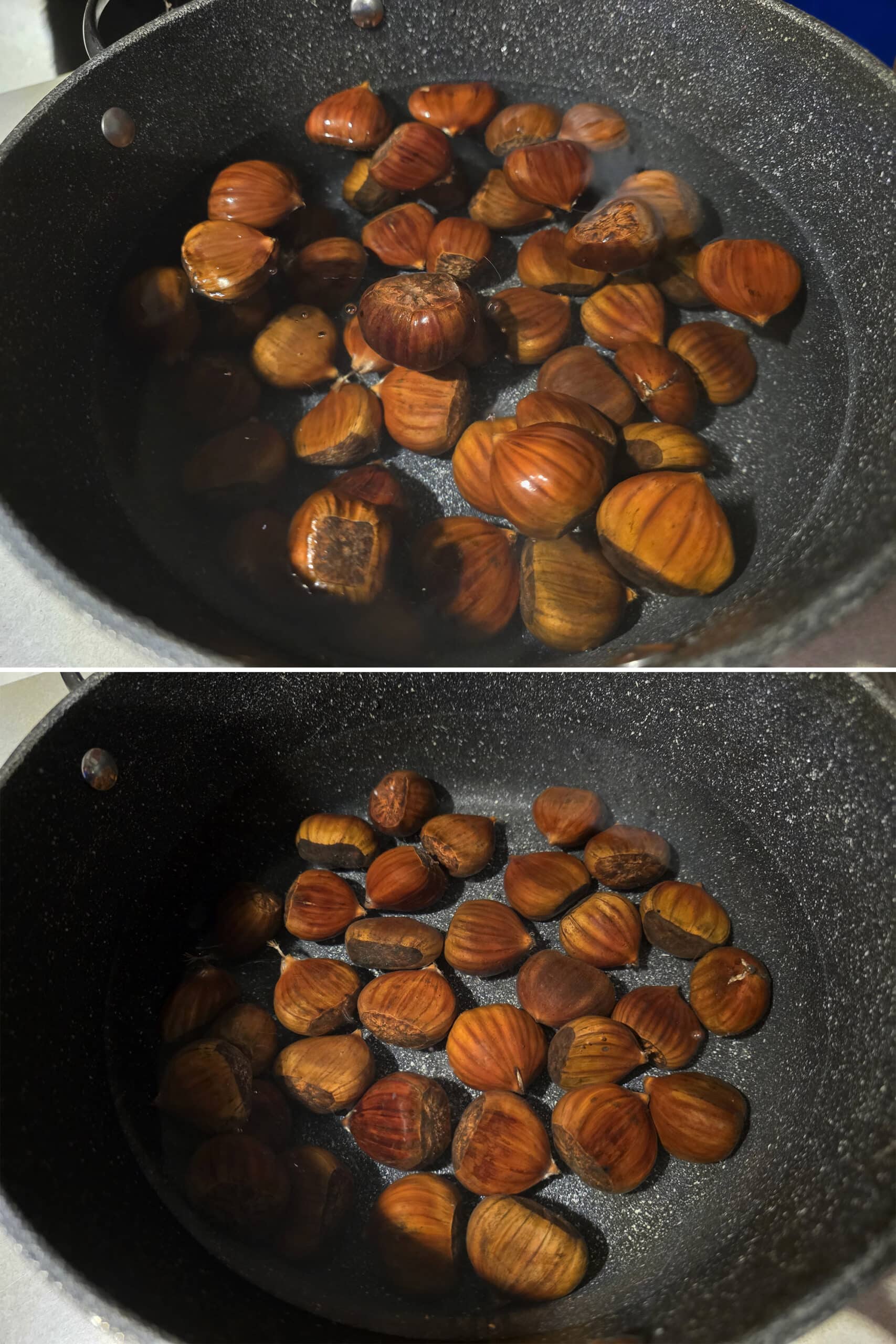 2 part image showing chestnuts in a pot of water, before and after the floaters are removed.