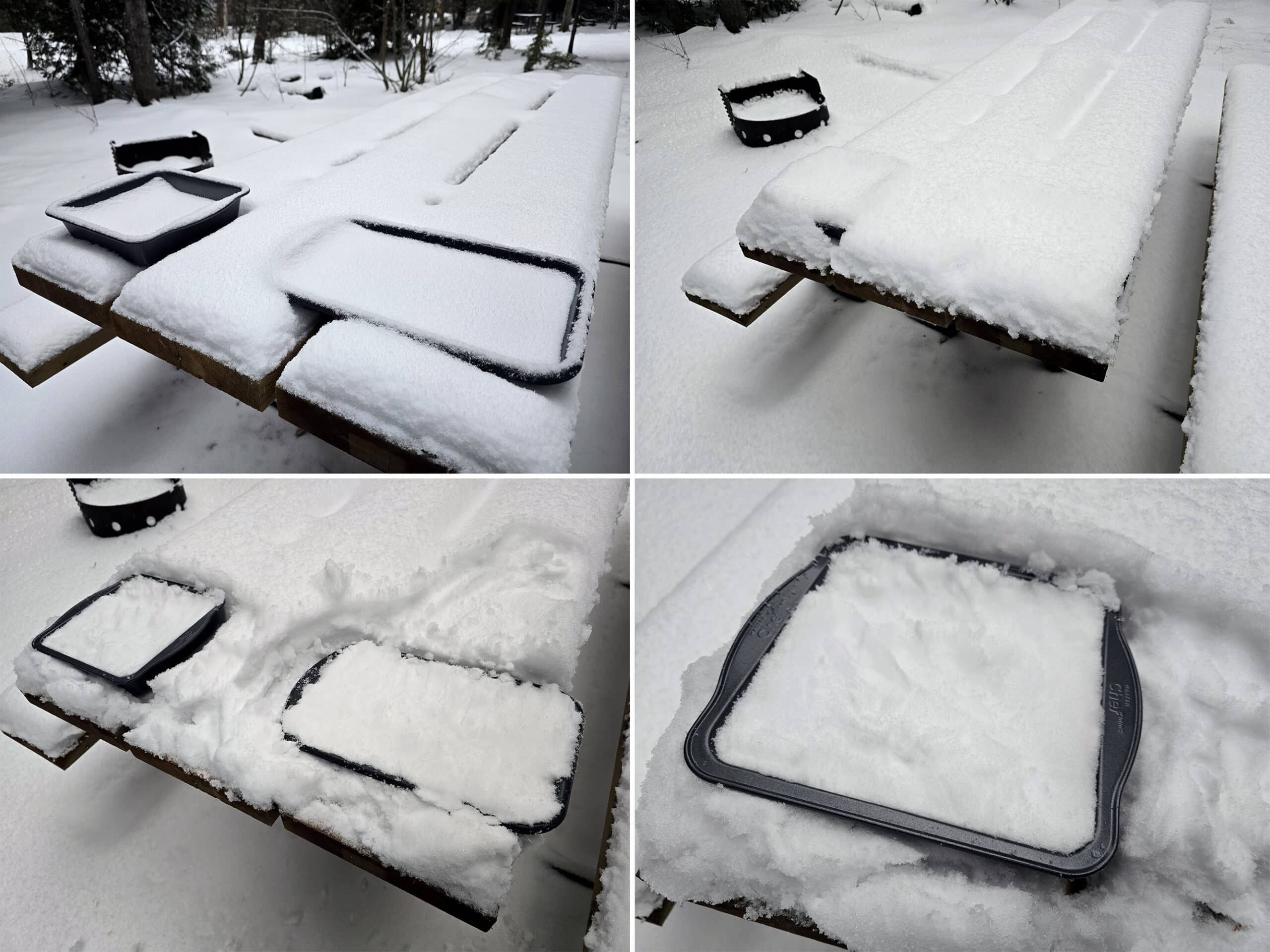 4 part image showing pans collecting snow then the snow being packed down.