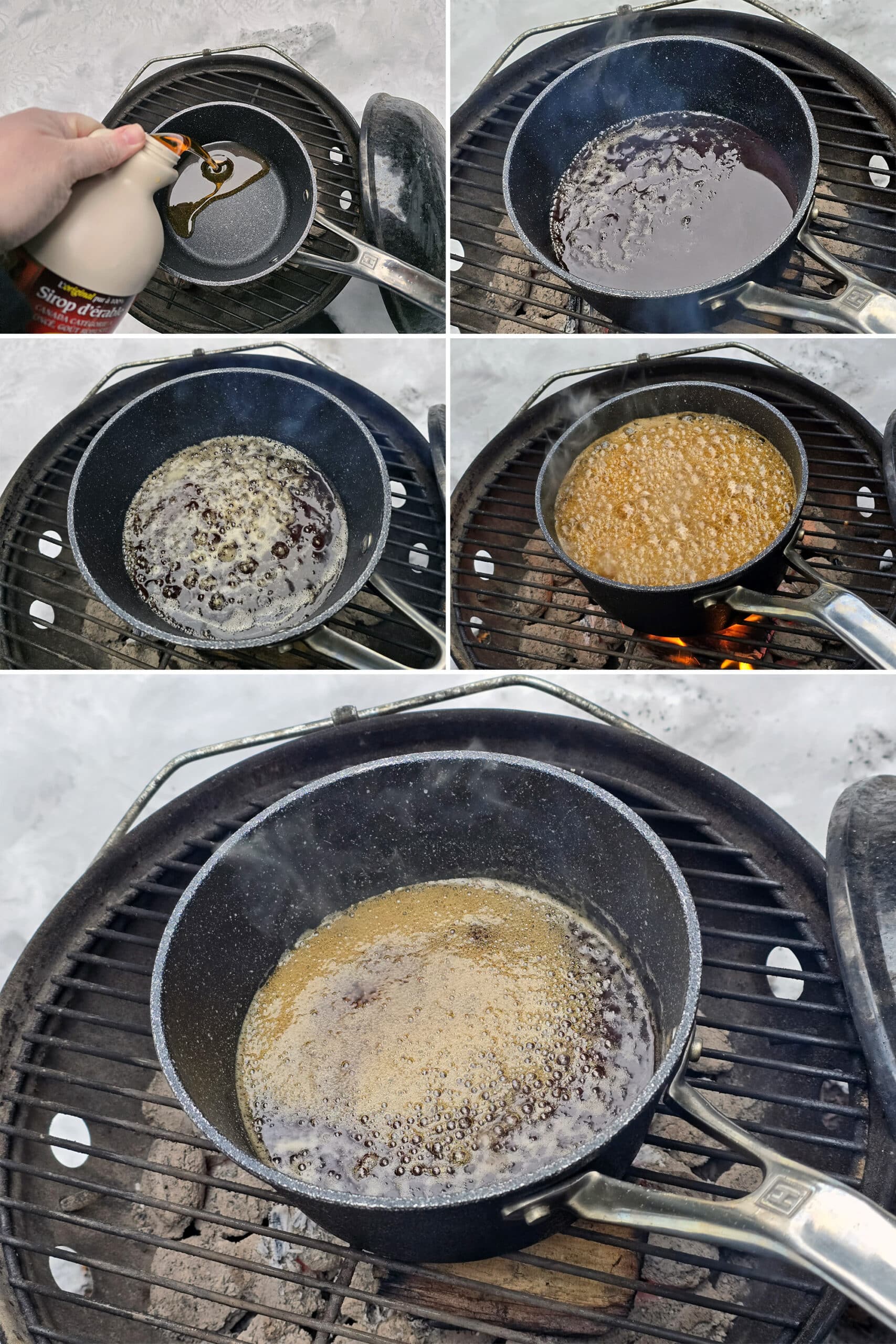 5 part image showing maple syrup in a pot being boiled over a campfire.