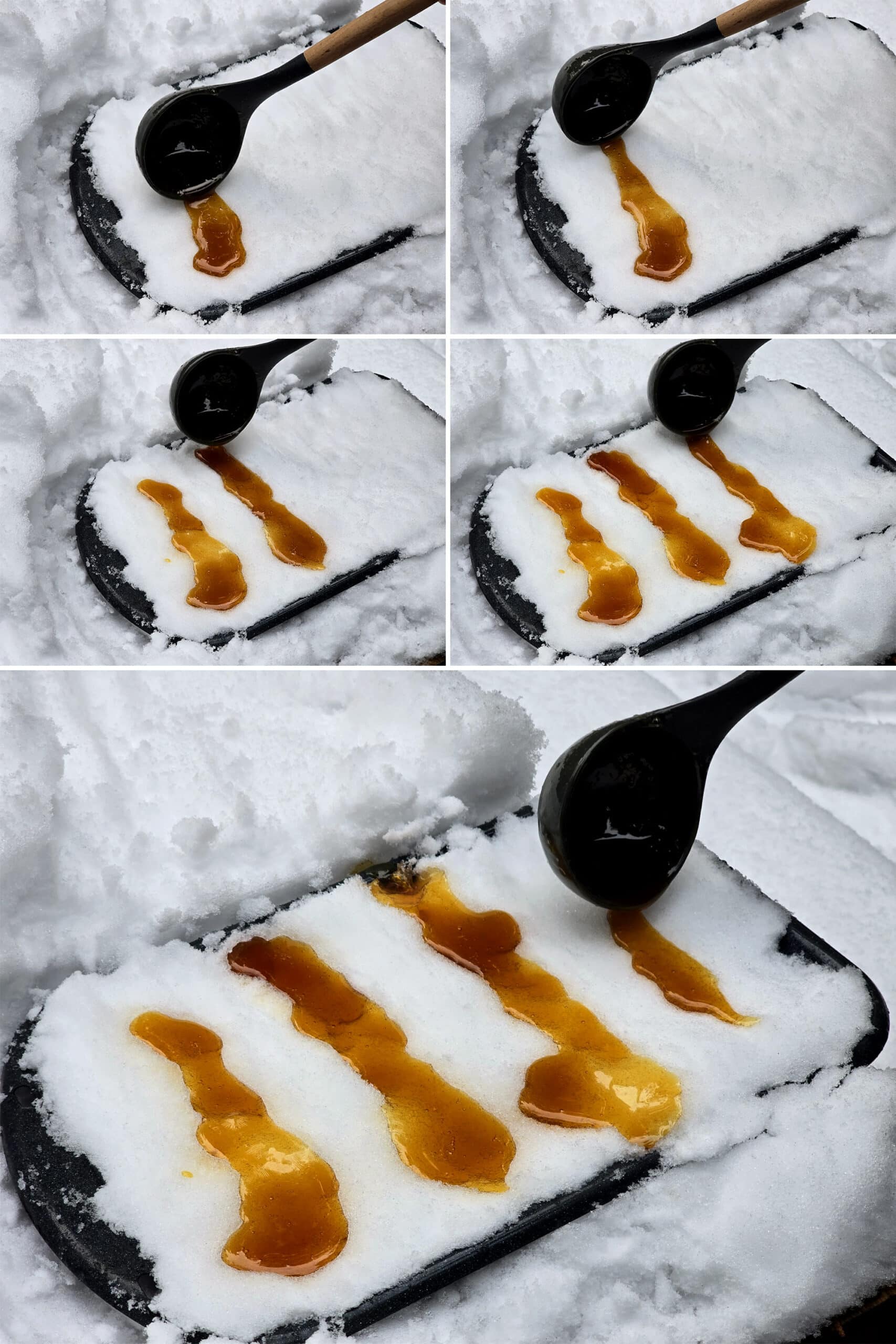 5 part image showing lines of maple syrup taffy being spooned out onto a pan of packed snow.