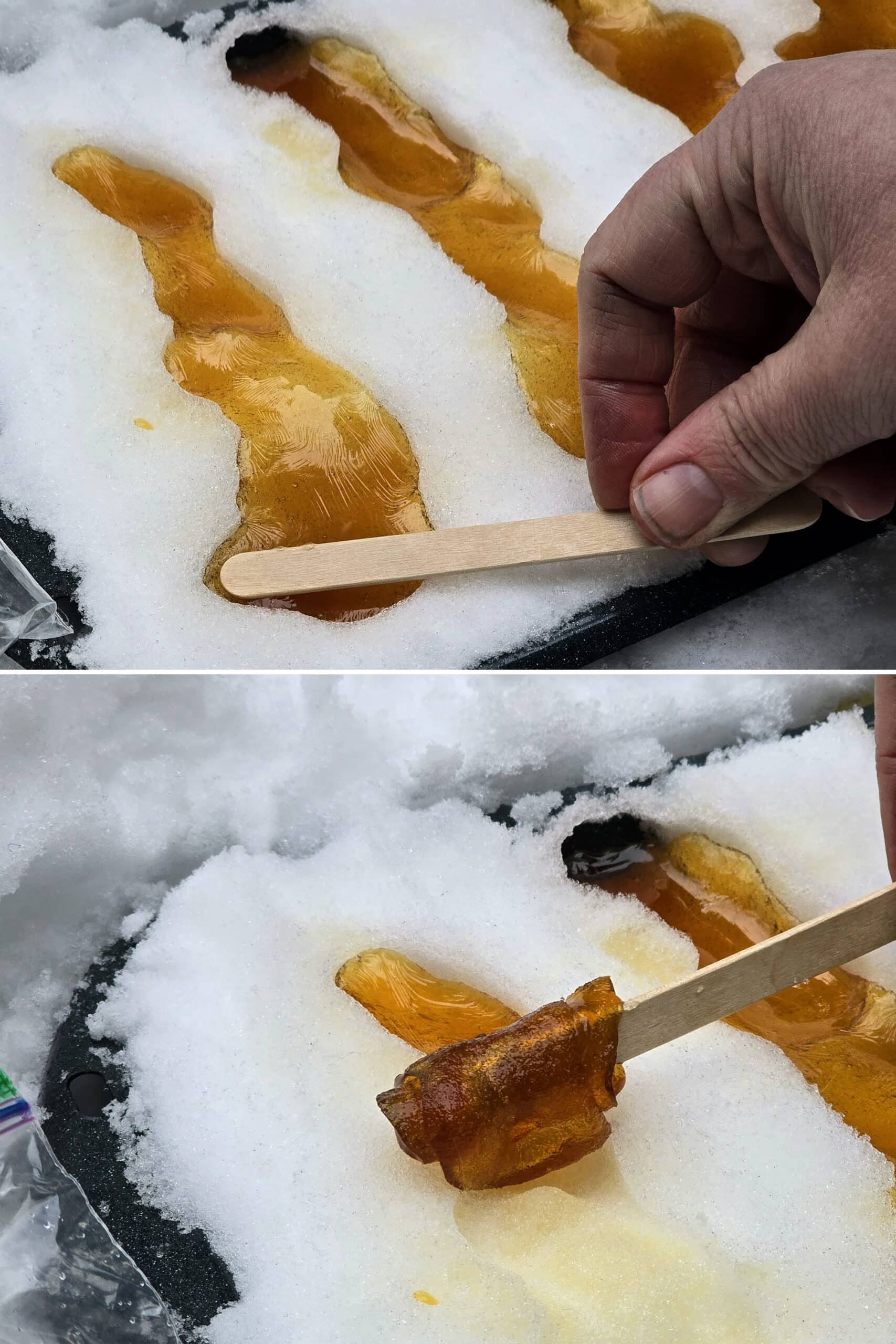 2 part image showing a popsicle stick being used to roll up a strip of maple taffy.