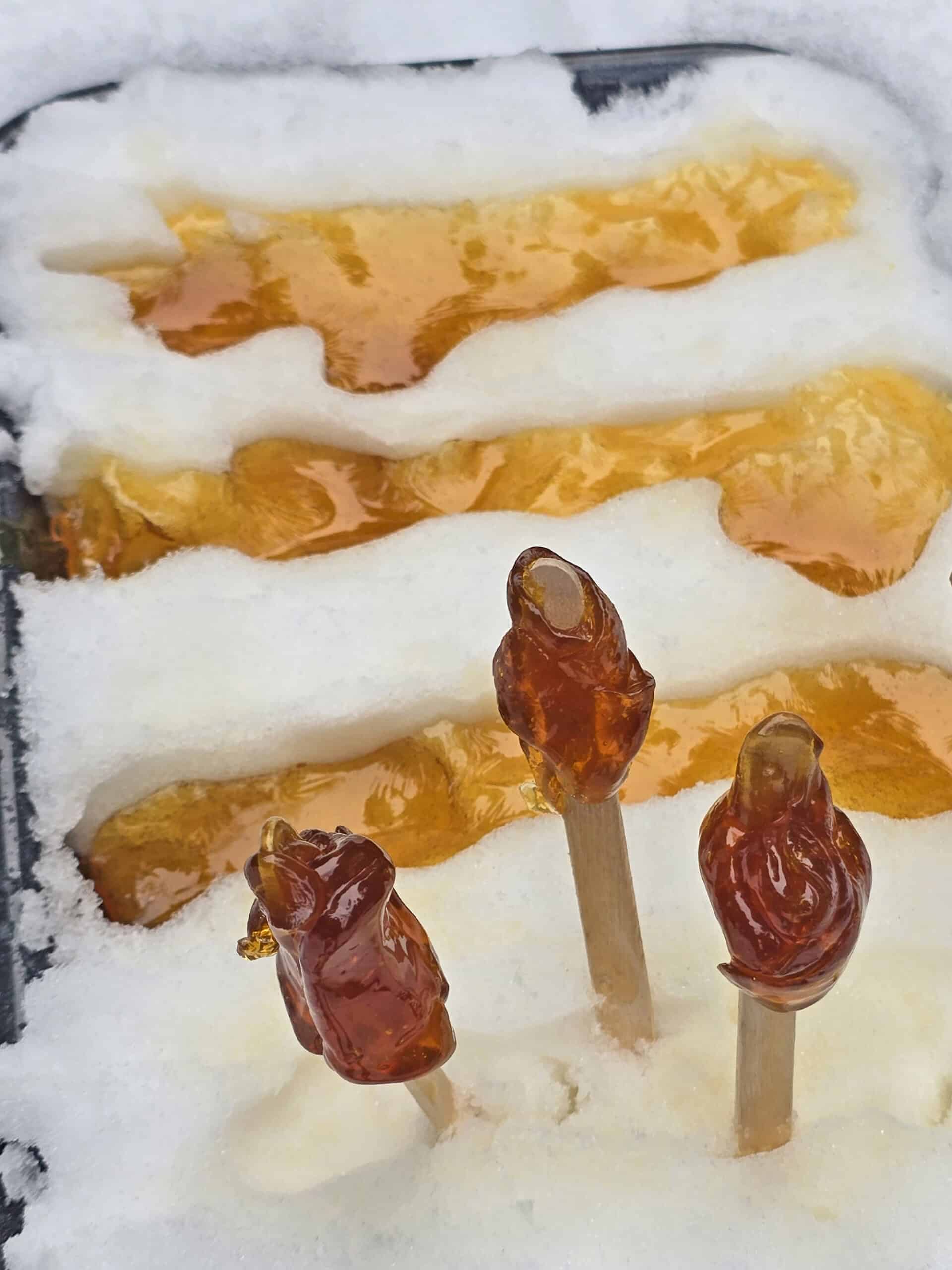 3 sticks of maple taffy in a pan of maple syrup snow taffy.