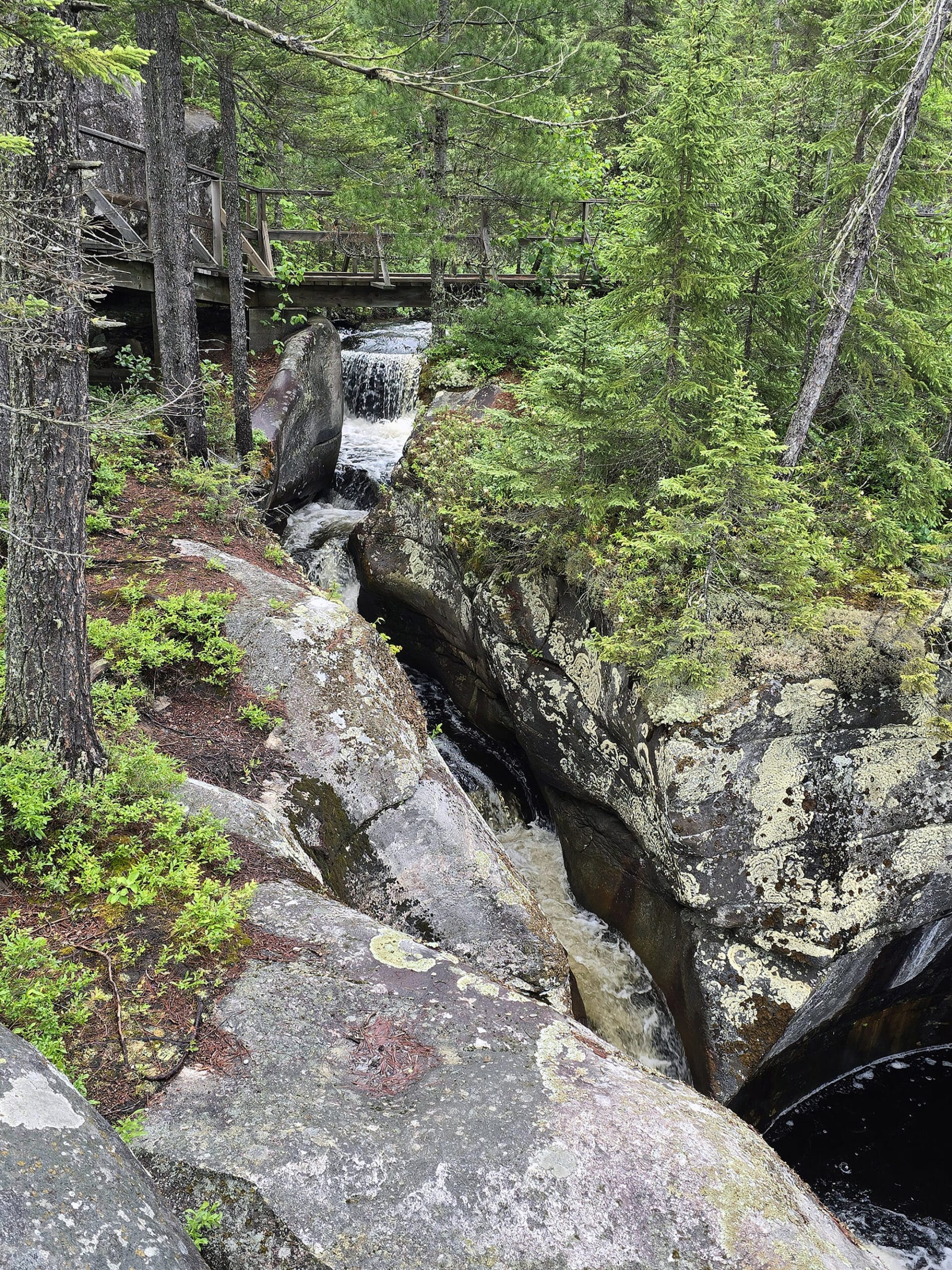 A waterfall running into a glacial pothole at Potholes Provincial Park.