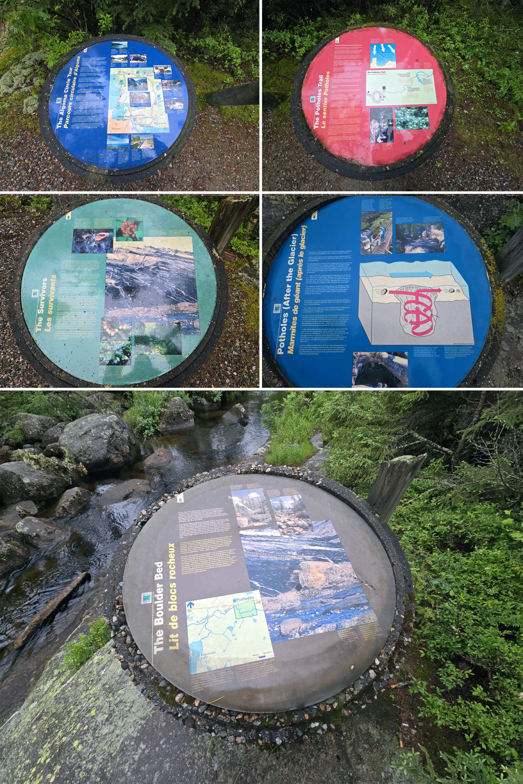 5 part image showing the various educational signs at Potholes Provincial Park.