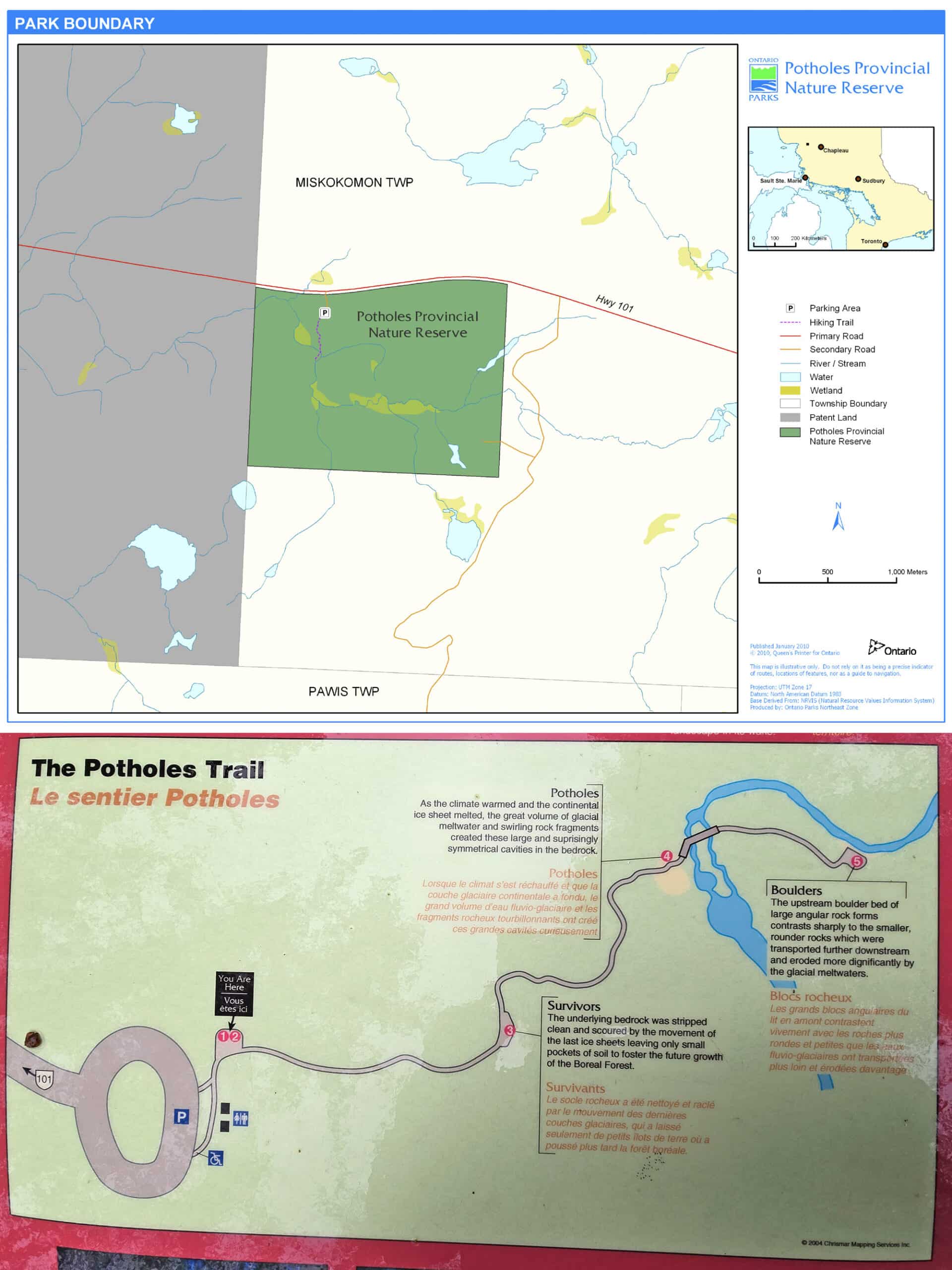 2 part image showing the trail and overview maps for Potholes Provincial Park.