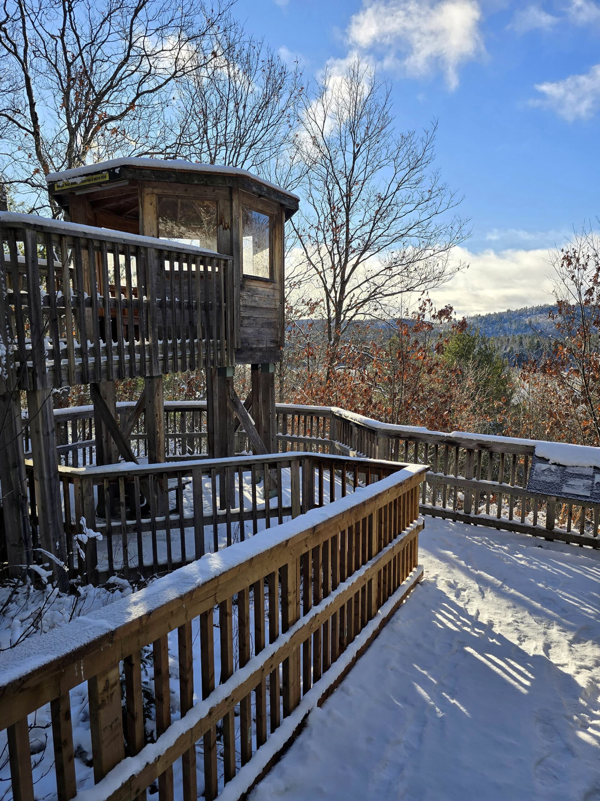 The fire tower at the Algonquin Provincial Park visitor centre in the winter,