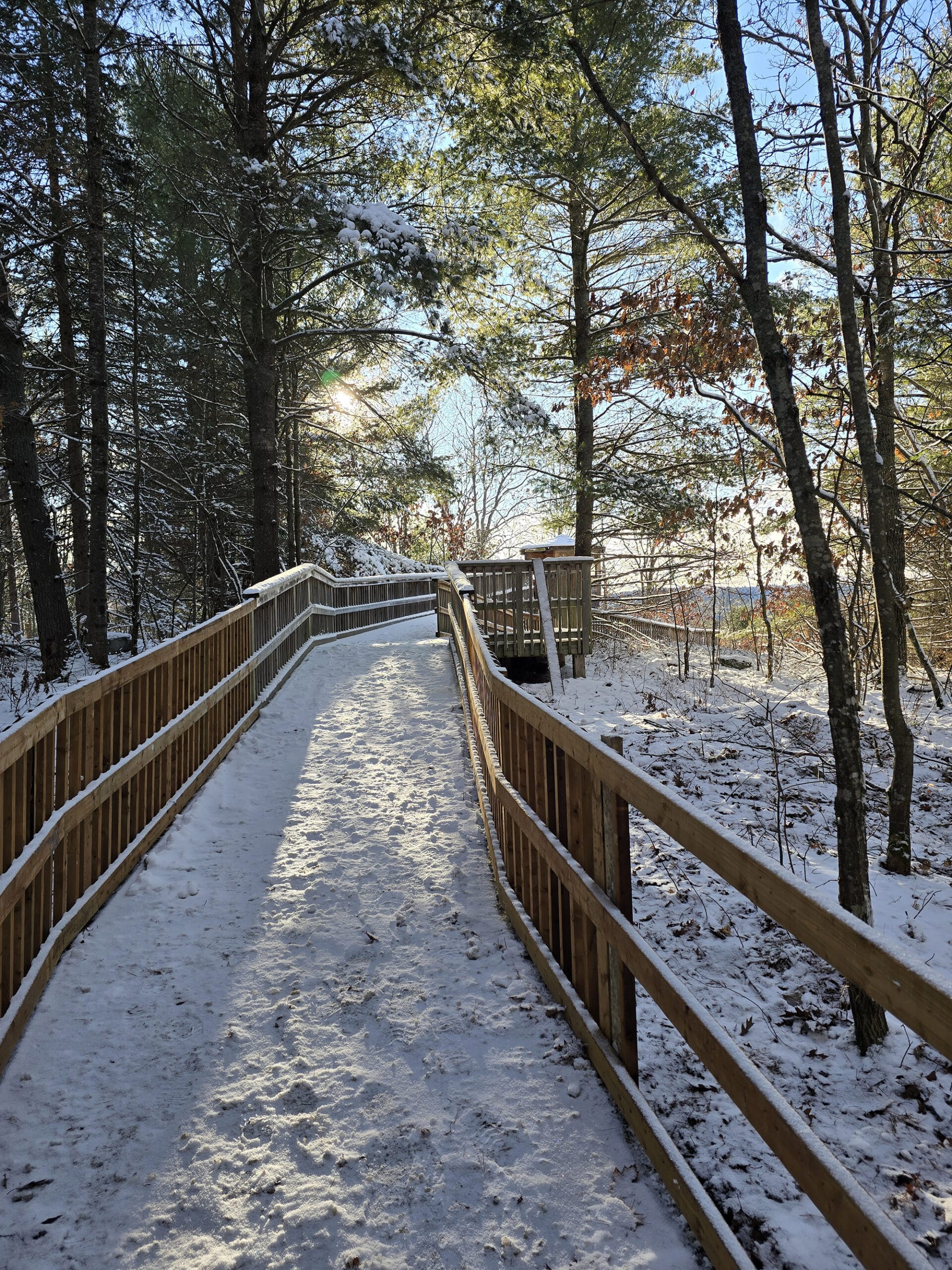 A snow covered wooden ramp.