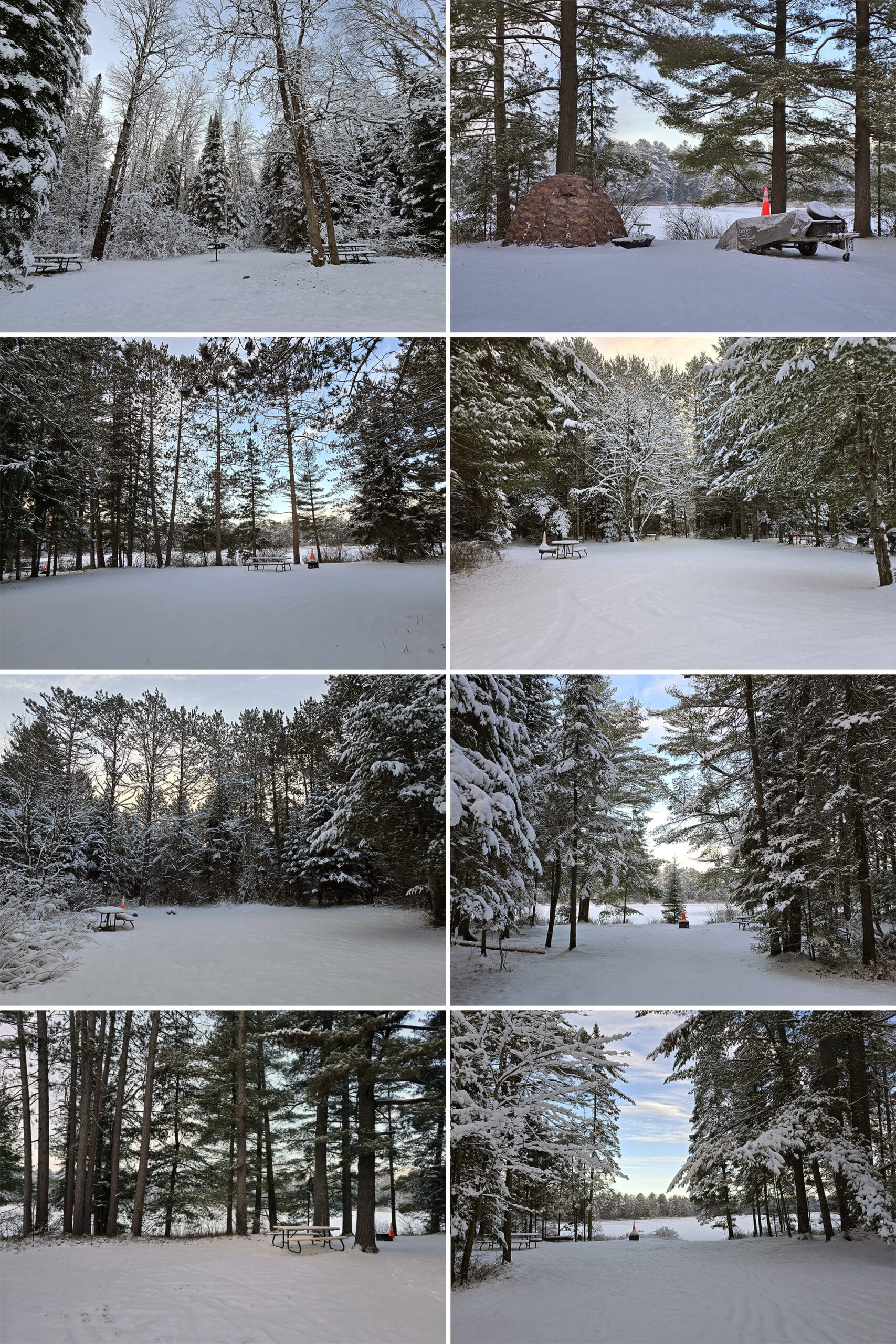 8 part image showing different various winter camping sites at Algonquin Provincial Park's Mew Lake Campground.