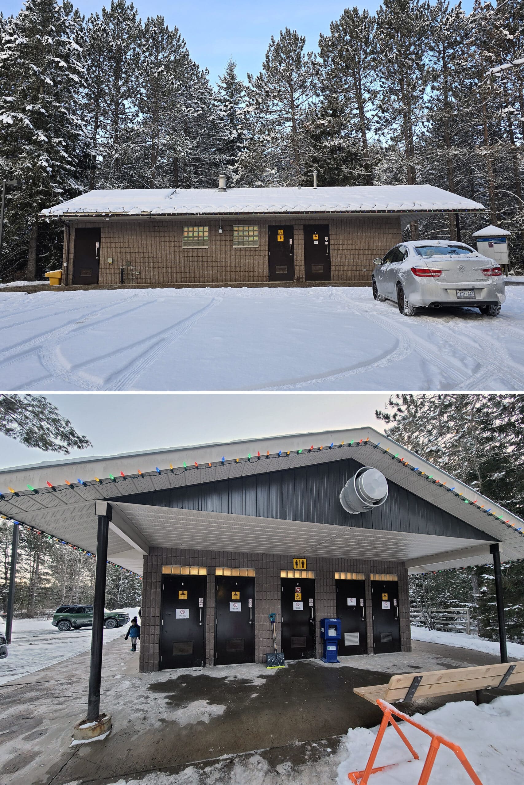 2 part image showing the comfort station at Mew Lake campground in the winter.