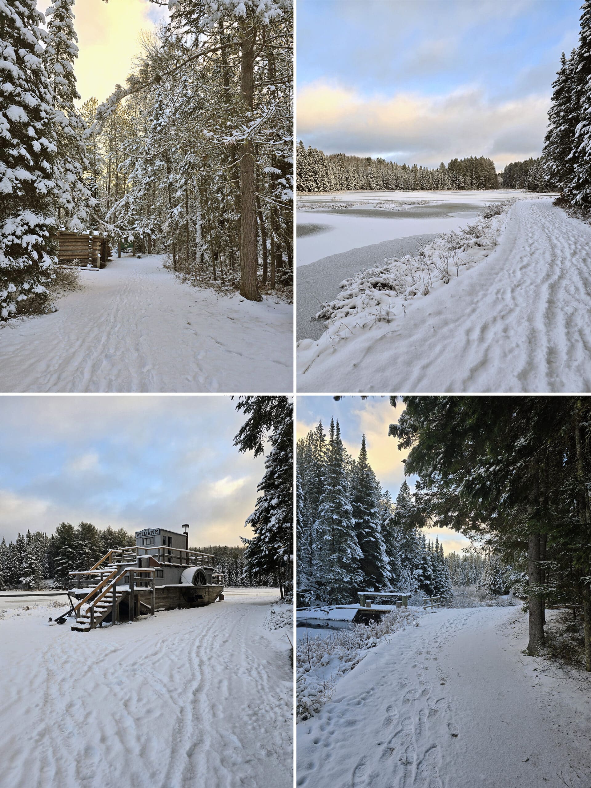 4 part image showing various views along a snow covered the Logging Museum Trail at Algonquin Provincial Park, in winter.