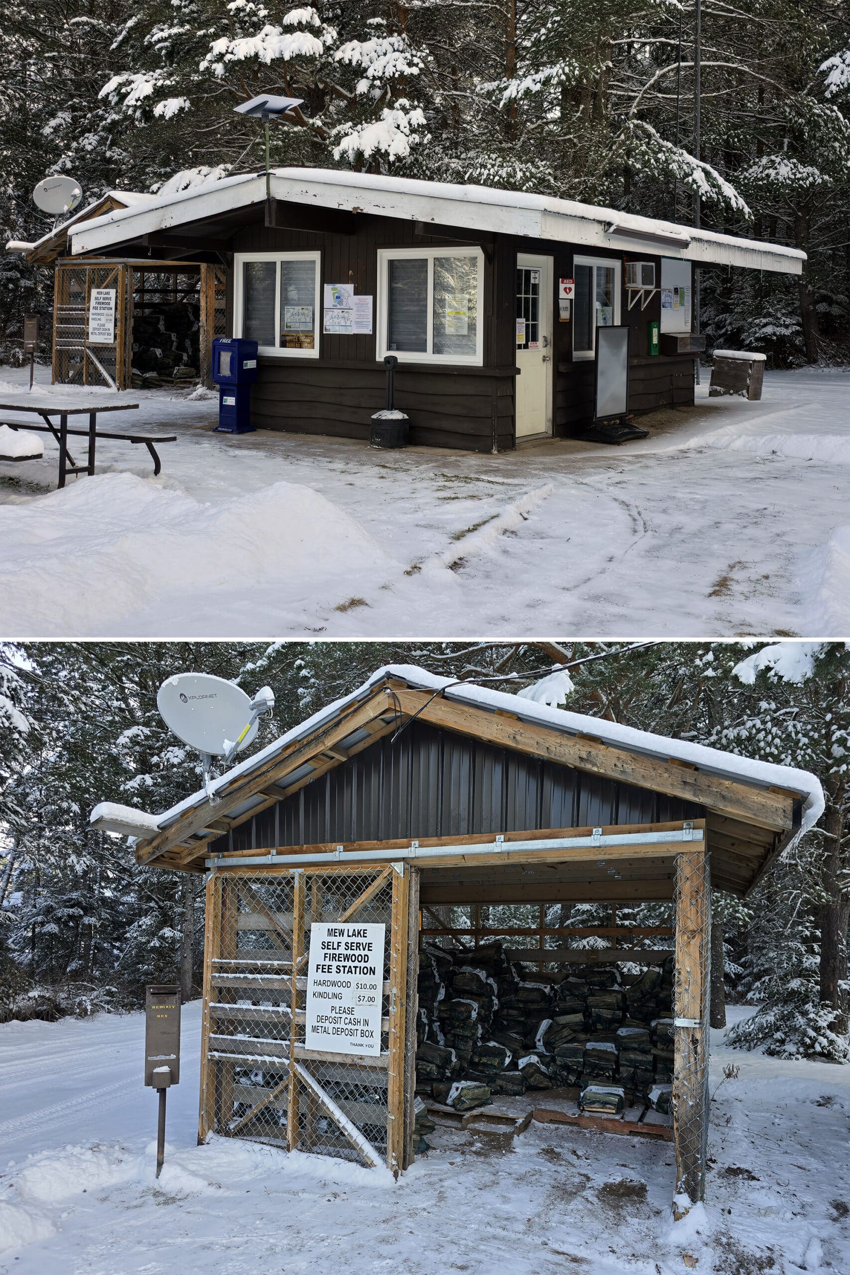 2 part image showing the Mew Lake Campground gatehouse at wood shed in wintertime.