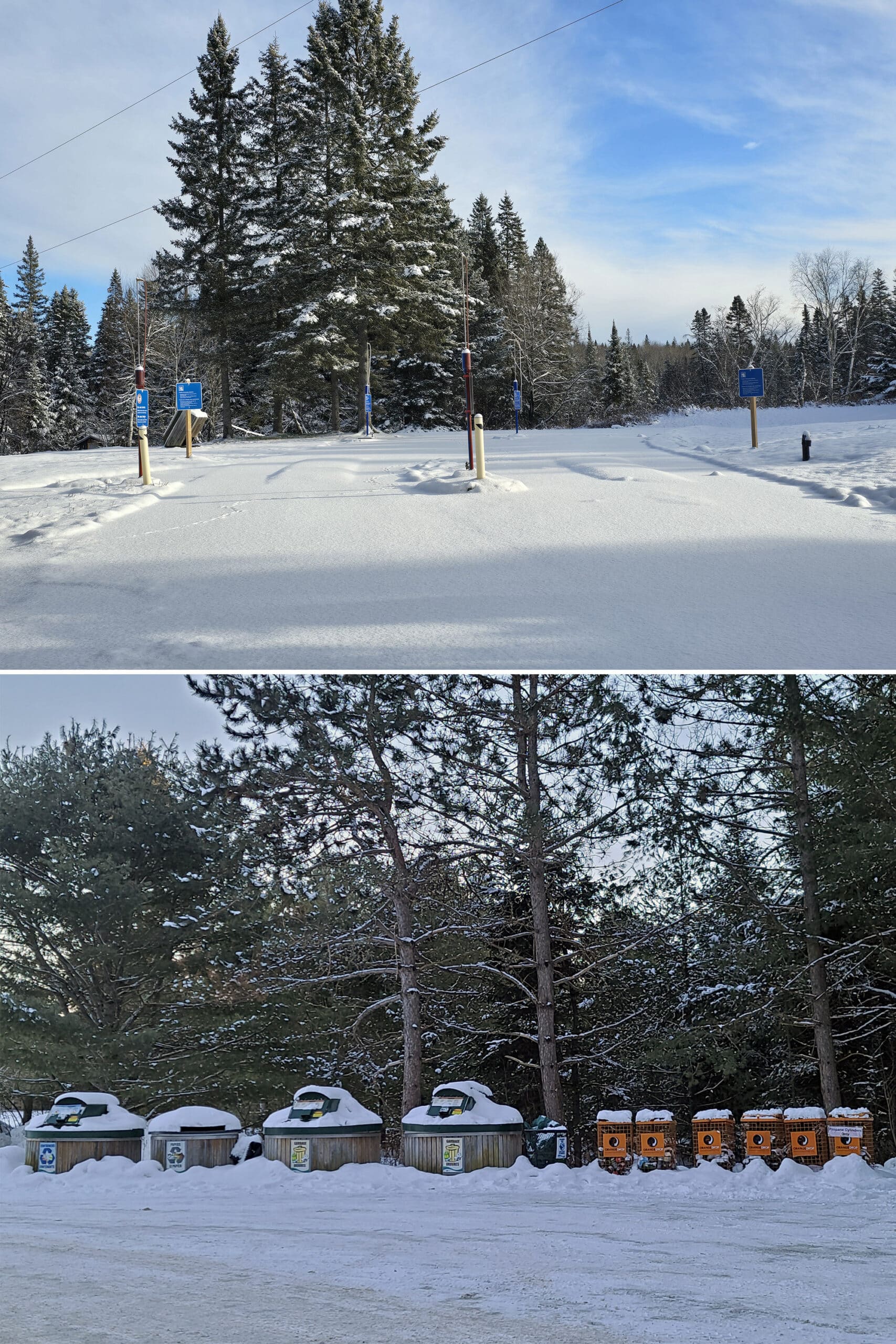 2 part image showing the algonquin provincial park trailer sanitation station and mew lake's garbage depot.